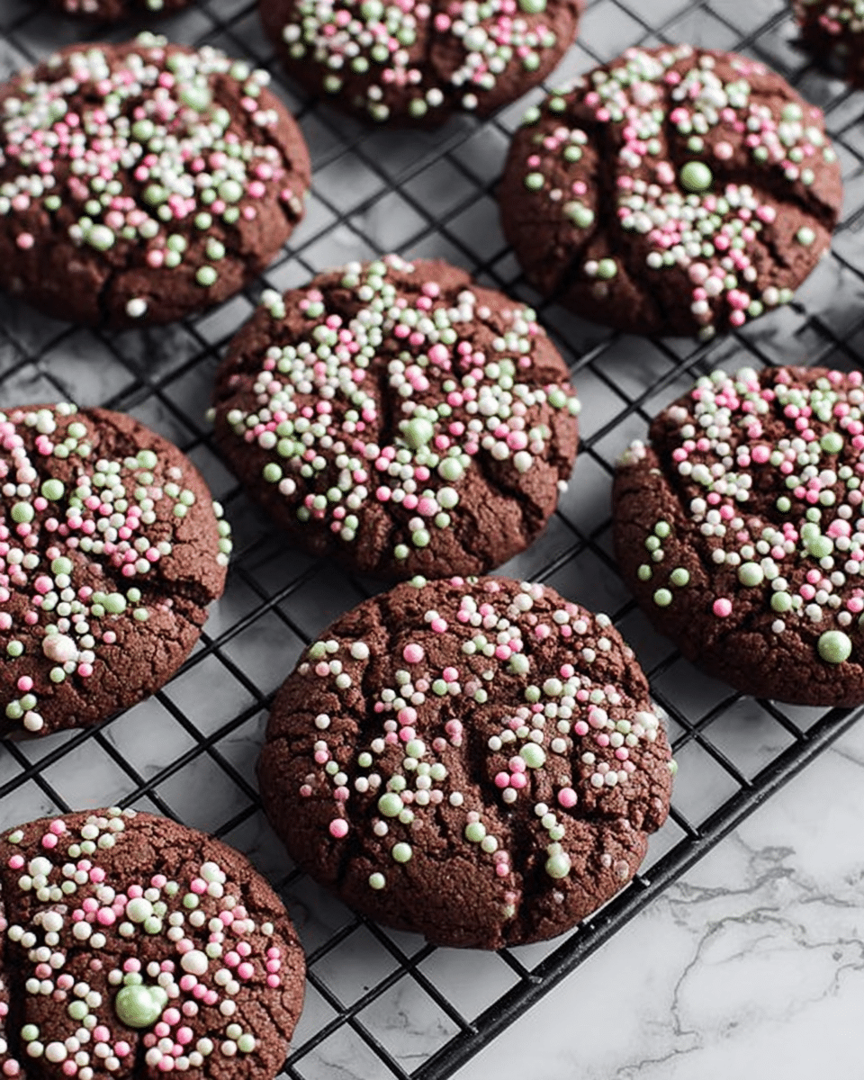 The image shows several round chocolate cookies on a black wire cooling rack. Each cookie is thick and has a dark brown, slightly cracked surface with many small, round sprinkles in white, pink, and light green colors covering the top evenly. The cookies are placed scattered on the rack, which is set against a white marbled texture background. photo taken with an iphone --ar 4:5 --v 7
