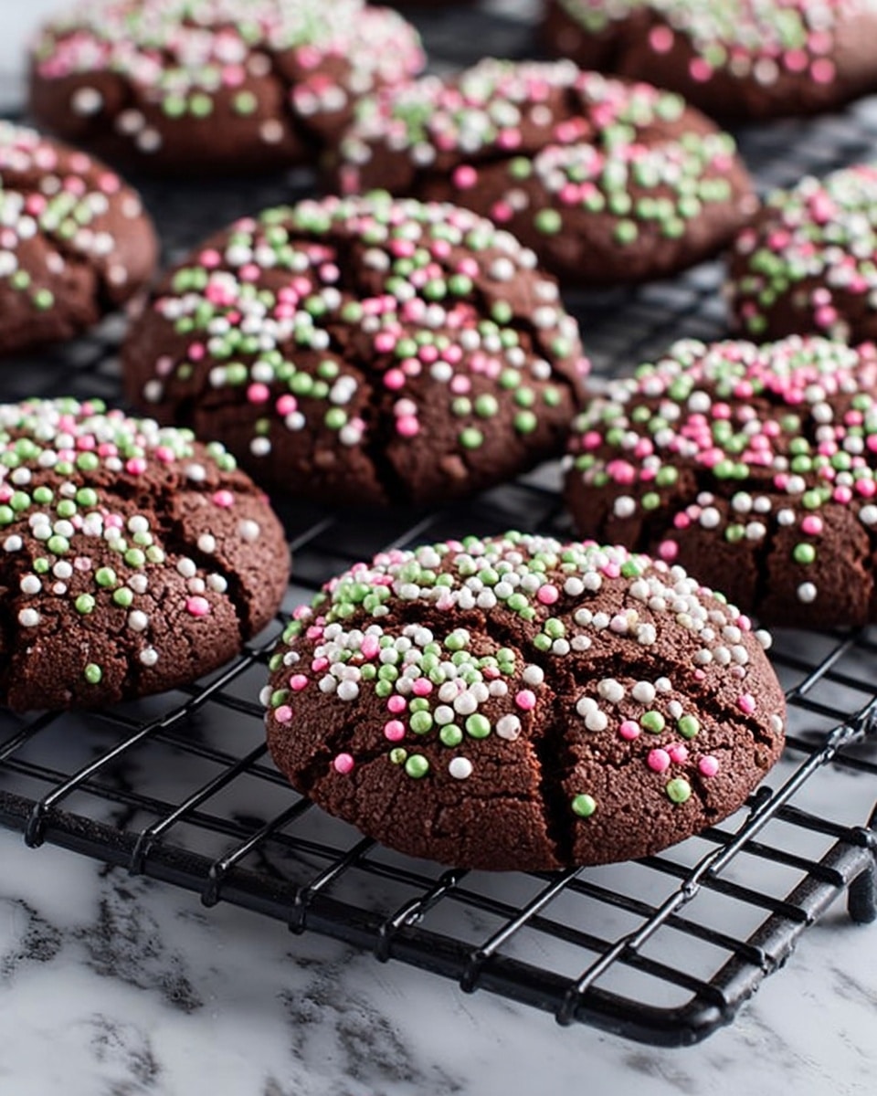 Several round chocolate cookies rest on a black wire cooling rack placed over a white marbled surface. Each cookie is thick with a cracked texture and dark brown color, generously topped with small round sprinkles in white, light green, and pink, covering almost the entire top. The cookies vary slightly in size and shape, showing a soft but slightly crumbly look. The lighting highlights the contrast between the dark cookie dough and the colorful sprinkles, making them stand out clearly. Photo taken with an iphone --ar 4:5 --v 7