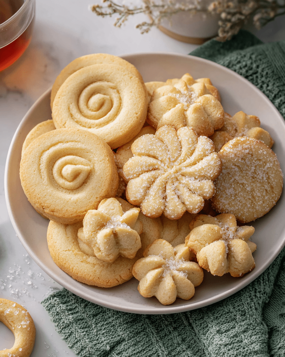 A white plate holds a pile of light golden Danish butter cookies with varied shapes and textures. There are round cookies with a soft swirl pattern on top, flat round cookies with rough sugar crystals scattered over them, flower-shaped cookies with petal-like edges, and pretzel-shaped cookies also topped with sugar crystals. The cookies have a slightly crisp and crumbly texture, showing a soft bake with gentle brown edges. The plate sits on a green cloth with subtle knit textures, and the setting is on a white marbled surface, with some sugar crystals scattered around the plate. photo taken with an iphone --ar 4:5 --v 7