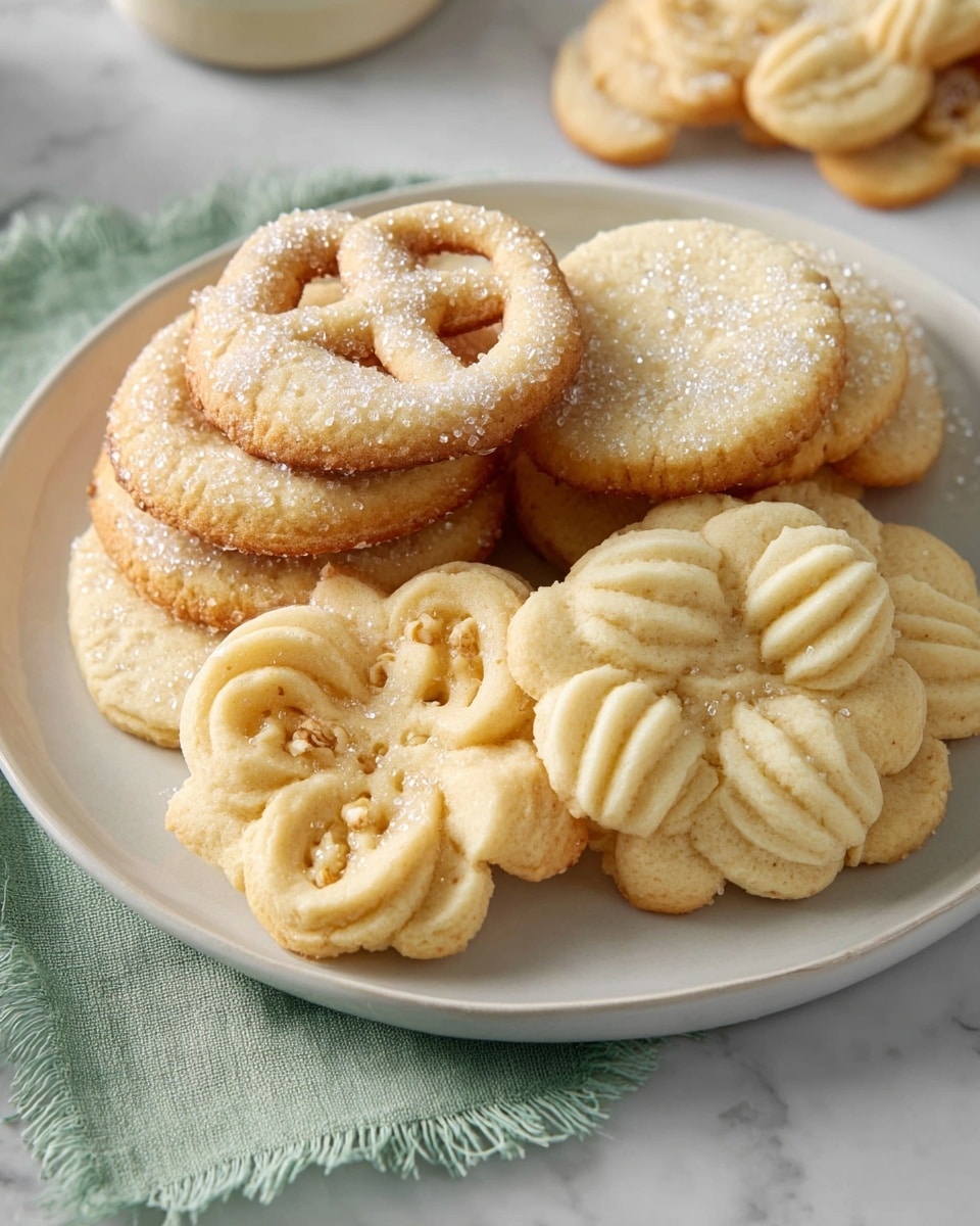 A white plate holds a stack of several butter cookies with different shapes and textures. The top layer shows round cookies with a soft golden-brown edge, some decorated with coarse sugar crystals that sparkle. One cookie has a pretzel shape with three holes and coarse sugar on top. Below, there are swirled cookies with ridged edges and flower-shaped cookies with petal-like layers extending from the center. The plate sits on a soft green cloth with frayed edges, all placed on a white marbled surface. Photo taken with an iphone --ar 4:5 --v 7
