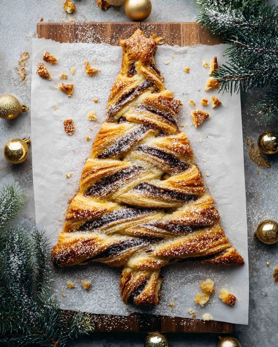 A pastry shaped like a Christmas tree with a central golden-brown trunk and multiple twisted branches extending outwards on either side. The branches are made of layers of flaky, golden puff pastry twisted to reveal dark chocolate filling in between. The entire tree is dusted lightly with white powdered sugar, giving it a snowy look. The pastry rests on white parchment paper on a wooden cutting board, with crumbs and small broken pieces scattered around. Around the edges, small gold Christmas ornaments and sprigs of green pine with light snow effect add festive decoration. photo taken with an iphone --ar 4:5 --v 7