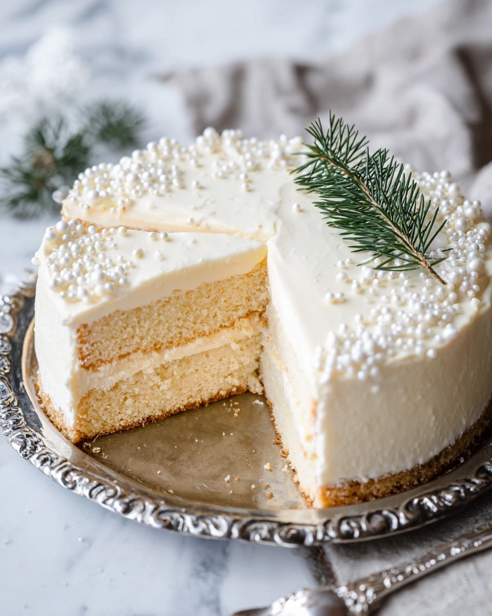 The image shows a creamy two-layer cake on a silver platter, set on a white marbled surface. The bottom layer is a light beige sponge cake with a soft, slightly crumbly texture. Above it is a thick, smooth, white creamy layer that looks rich and dense. The top of the cake is covered in this cream with a smooth finish, decorated with white sugar pearls around the edges and small white sprinkles scattered on top. A small green pine branch stands upright near the slice cut out from the cake, adding a fresh, natural touch. Photo taken with an iphone --ar 4:5 --v 7
