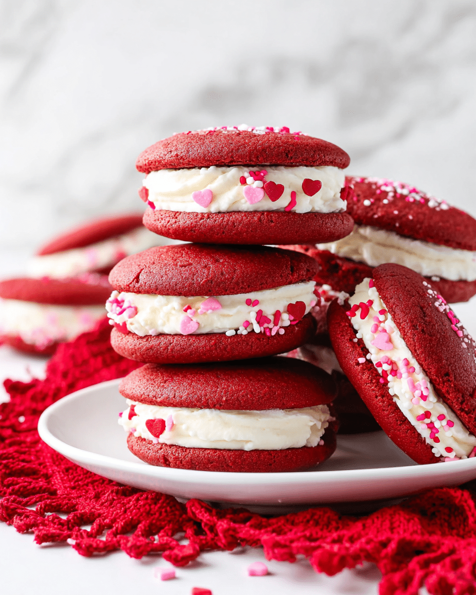 Five red velvet whoopie pies are stacked on a white plate over a red crocheted cloth with a white marbled surface beneath. Each whoopie pie has two soft, round, deep red cake layers with a smooth, thick layer of white cream filling in the middle. The cream filling is decorated with small red, pink, and white heart-shaped sprinkles along the edges. The background is bright and white with a white marbled texture. photo taken with an iphone --ar 4:5 --v 7