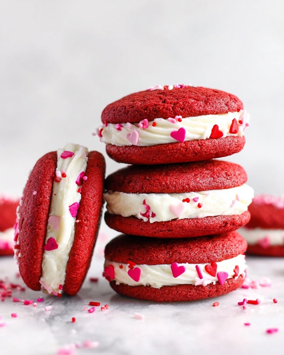 The image shows a stack of three red velvet whoopie pies on a white marbled surface. Each whoopie pie is made of two bright red, soft, slightly cracked cookie-like layers on the top and bottom. In between them is a thick layer of smooth white cream filling, decorated with tiny red, pink, and white heart-shaped sprinkles around the edges. To the left, part of another whoopie pie leans against the stack, also showing the white cream and heart-shaped sprinkles. The background is a soft white marbled texture, giving a clean and simple look. Photo taken with an iphone --ar 4:5 --v 7