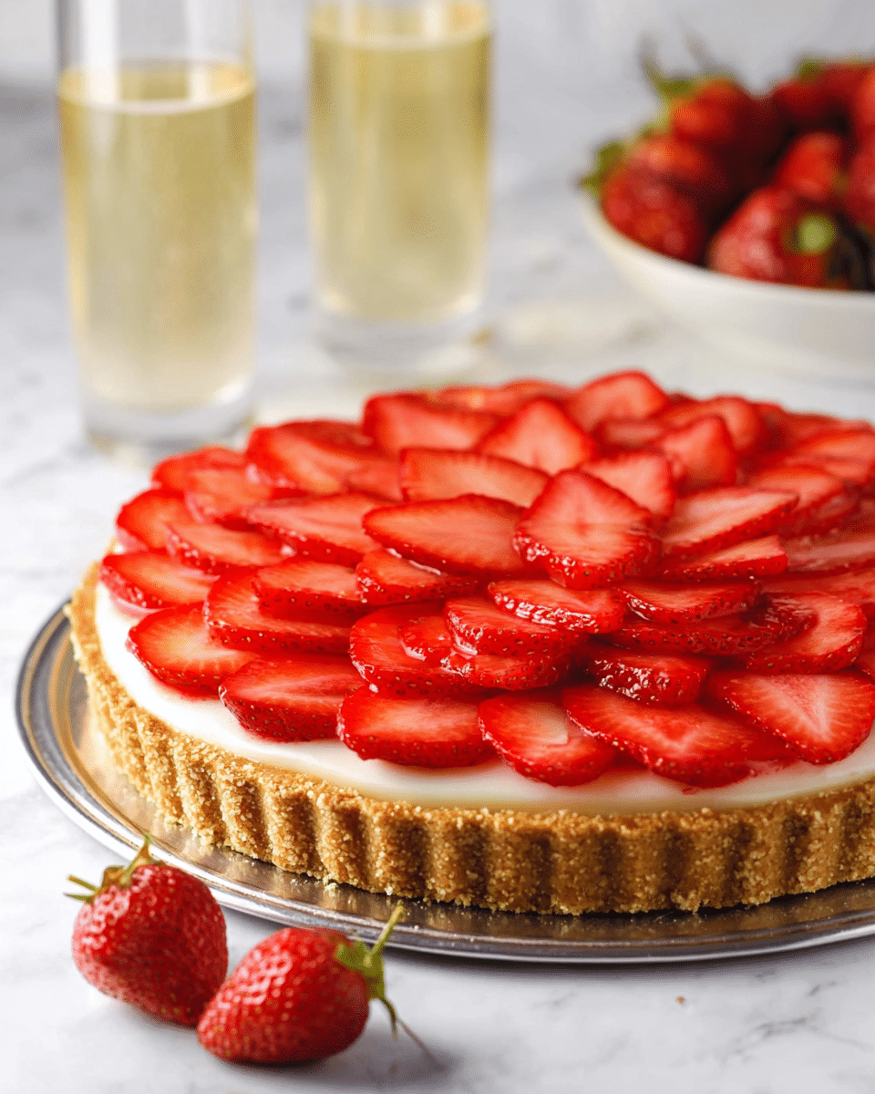 A round tart with a golden-brown crumbly crust forms the base layer, topped with a smooth off-white creamy layer. On top, multiple layers of glossy, bright red strawberry slices are neatly arranged in overlapping concentric circles, creating a visually appealing pattern that covers the entire tart surface. The tart sits on a silver metal tray, placed on a white marbled surface. Two halved strawberries with green stems lie in the front near the tray. In the blurry background, a bowl of whole strawberries and two glasses of light yellow bubbly drink are visible. photo taken with an iphone --ar 4:5 --v 7