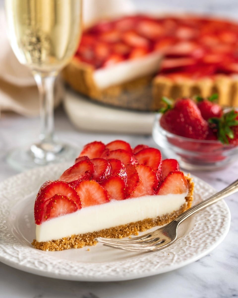 A close-up of a single slice of a strawberry tart is shown on a white decorative plate with a silver fork on the right side. The tart slice has three visible layers: a golden brown crumbly crust at the bottom, a thick smooth white creamy layer in the middle, and a top layer of thinly sliced bright red strawberries arranged closely, slightly overlapping each other. One strawberry slice leans on the side of the tart slice on the plate. In the blurred background, there is the whole tart with the same layers on a white marbled surface, along with a glass of light yellow sparkling drink and a small clear bowl with whole strawberries. photo taken with an iphone --ar 4:5 --v 7