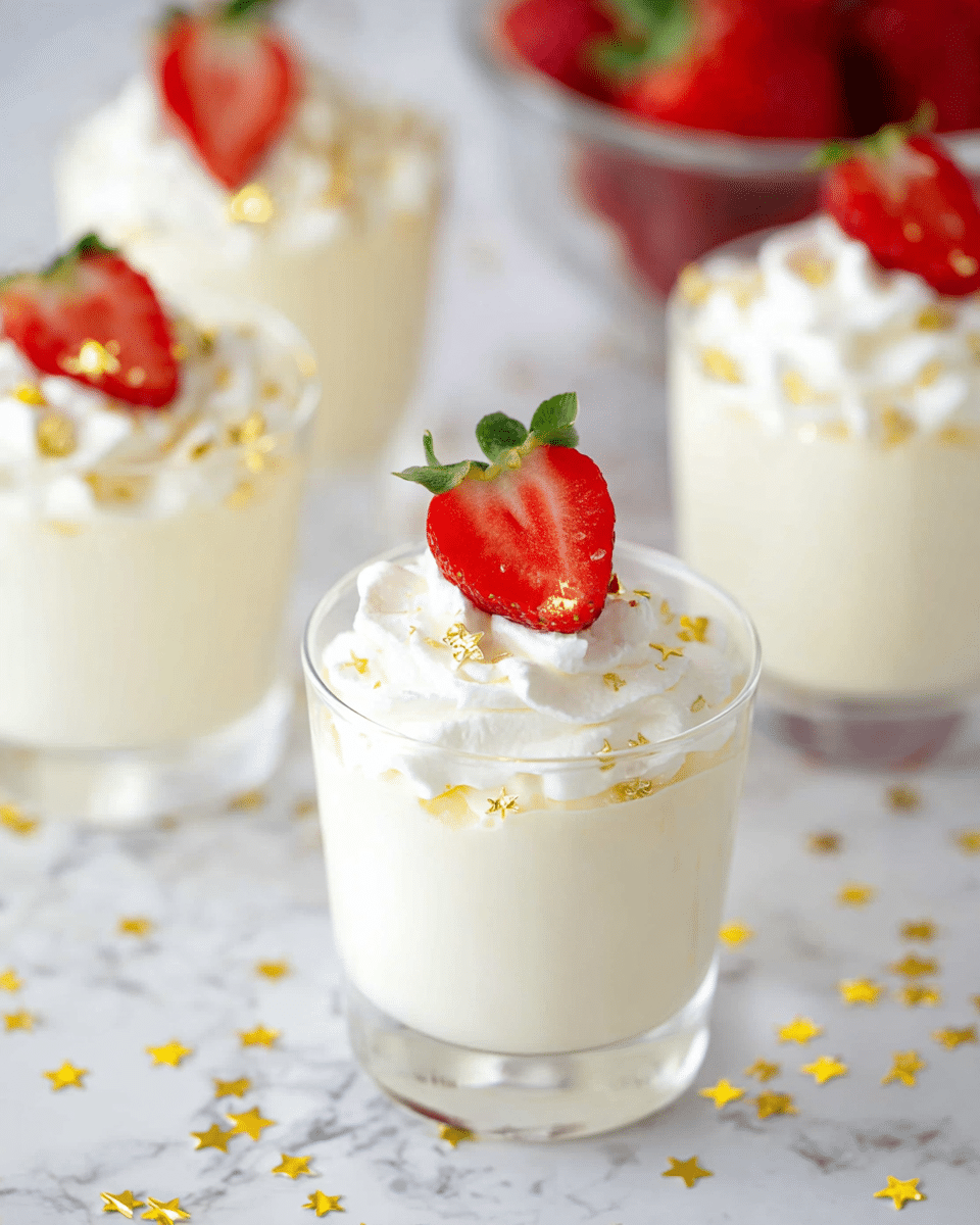 The image shows a dessert in a clear glass with three layers: a smooth creamy white pudding base filling most of the glass, topped by a swirl of white whipped cream, and finished with a fresh red strawberry slice with green leaves placed on top. Small, shiny golden star-shaped sprinkles decorate the whipped cream and the surface around the glass. In the background, there are more identical glasses filled with the same dessert, placed on a white marbled surface, along with a clear bowl holding whole strawberries. Photo taken with an iphone --ar 4:5 --v 7