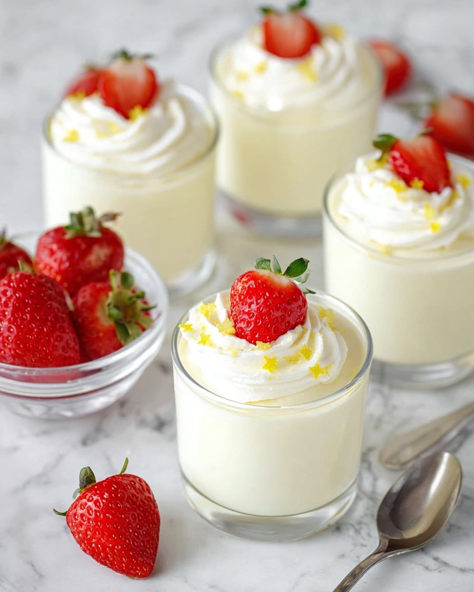 This image shows four clear glass cups each filled with a creamy white pudding layer that looks smooth and silky. On top of each pudding is a swirl of white whipped cream, crowned with a red strawberry half with a green leafy top placed gently on the cream. Tiny yellow star-shaped sprinkles are scattered over the whipped cream and pudding, adding a subtle sparkle. The cups sit on a white marbled surface, alongside a small clear glass bowl filled with whole fresh strawberries and a shiny silver spoon lying nearby. One strawberry half lies on the surface near the cups. photo taken with an iphone --ar 4:5 --v 7
