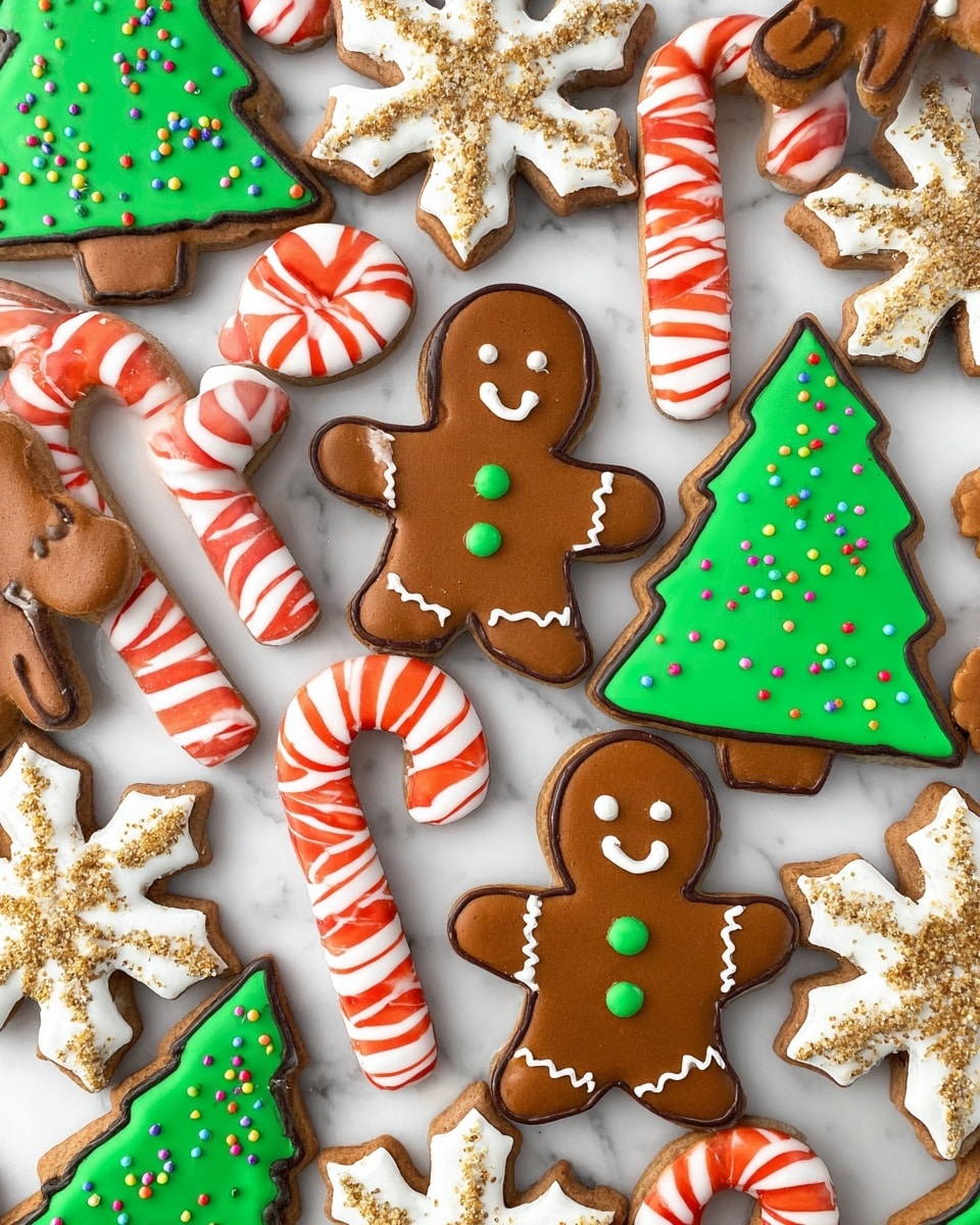 A collection of decorated Christmas cookies laid out on a white marbled surface, featuring gingerbread men with smooth brown icing bodies, white smiling faces, and two green buttons in the center; candy canes with alternating red and white stripes and a glossy finish; Christmas tree shapes covered in bright green icing with small round, colorful sprinkles resembling ornaments and a brown base for the tree trunk; and six-pointed snowflakes coated in white icing with one set decorated with golden sugar sprinkles and another set with rough golden textured sprinkles. Each cookie has a dark brown edge where the cookie shows, creating a clear outline of each festive shape. photo taken with an iphone --ar 4:5 --v 7