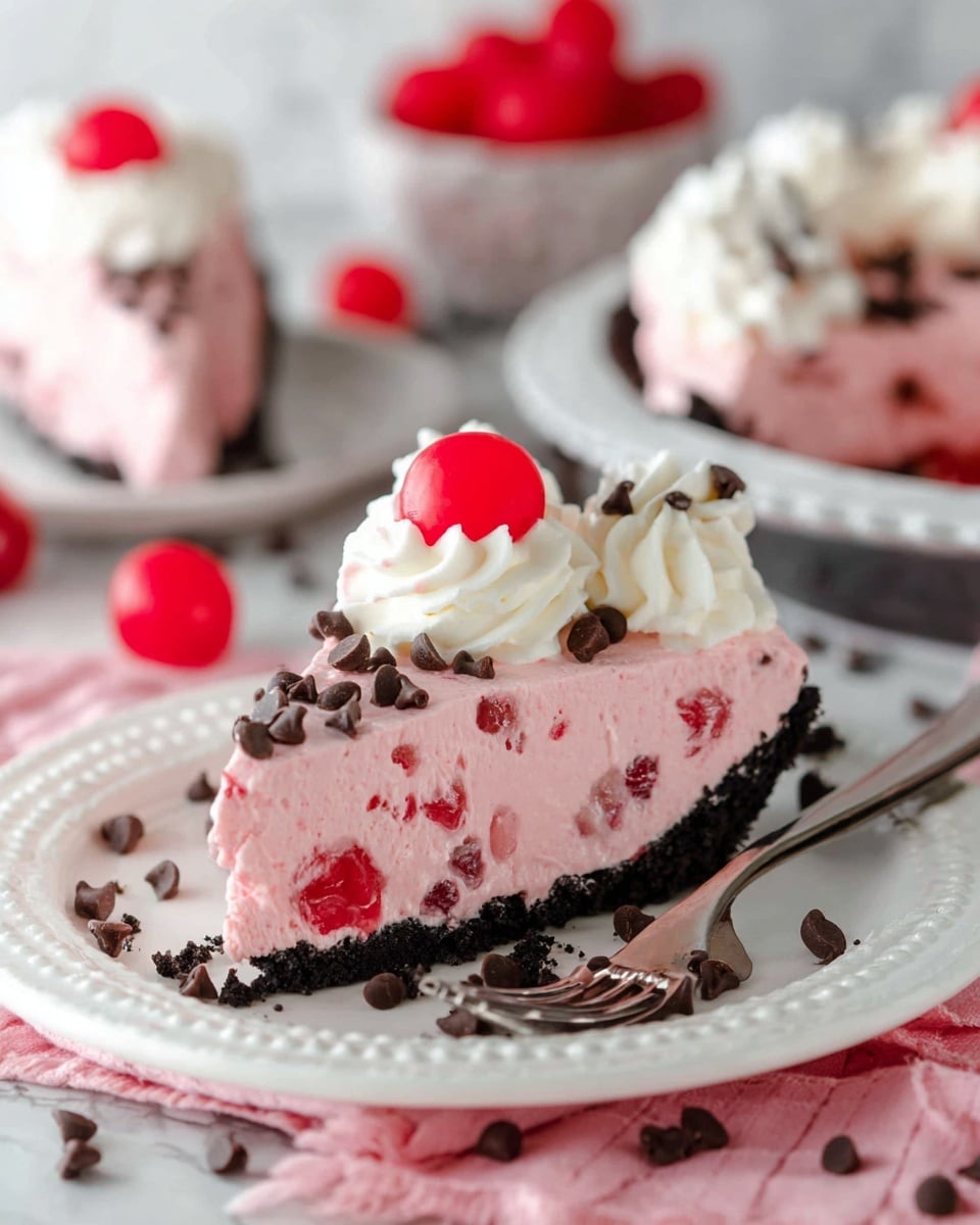 The image shows a slice of pink frozen dessert pie on a white plate with a decorative edge, placed on a pink cloth over a white marbled surface. The pie has three main layers: a dark, crumbly chocolate cookie crust at the bottom, a thick pink creamy layer with embedded red cherry pieces and small chocolate chips in the middle, and a topped swirl of white whipped cream decorated with more tiny chocolate chips and a bright red cherry on top. A silver fork with a piece of the pie is on the plate next to the slice, and some chocolate chips are scattered around, adding texture and color contrast. In the blurred background, more slices of the same pie sit on a white plate, and there are bowls of cherries and chocolate chips in soft focus. photo taken with an iphone --ar 4:5 --v 7
