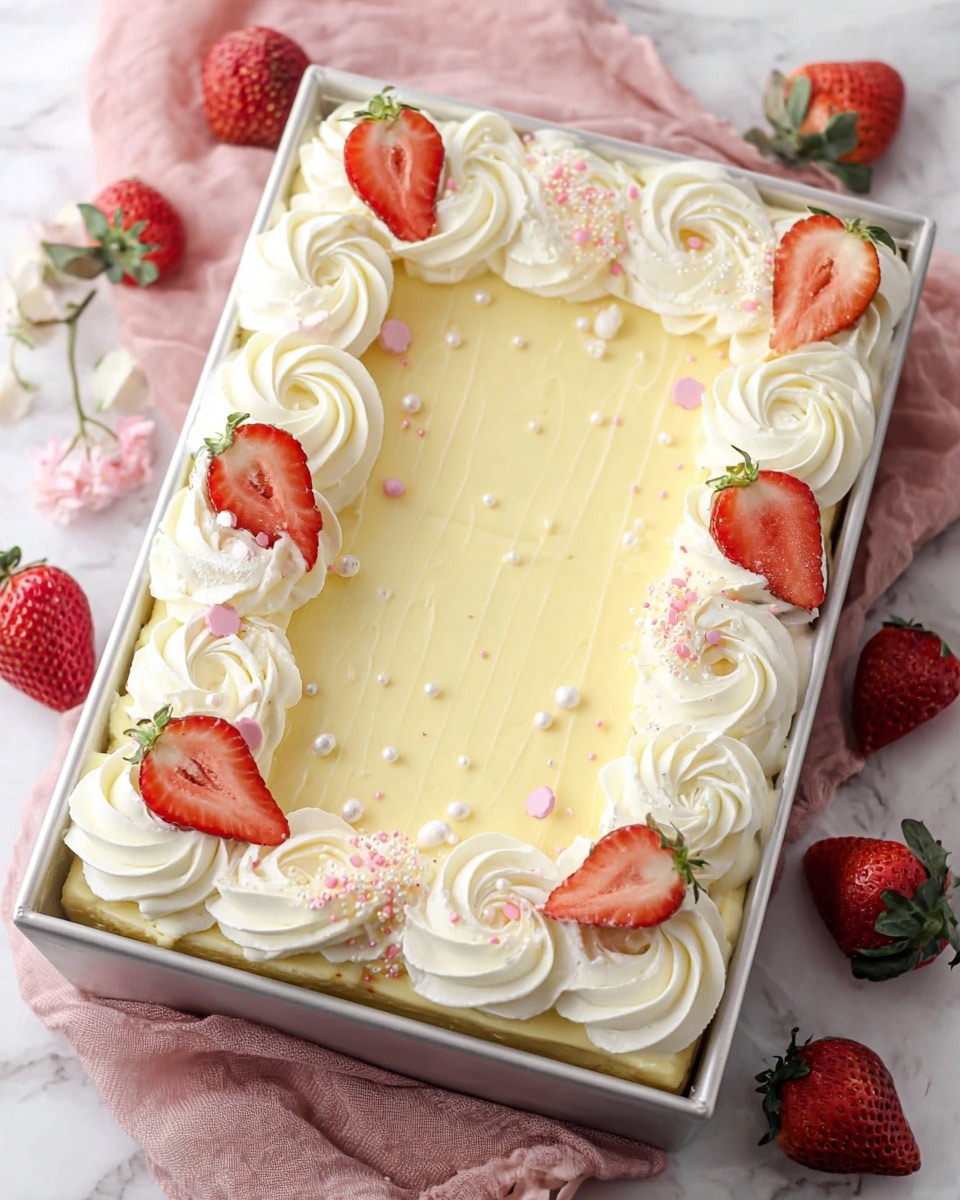 A rectangular dessert with two main layers is shown in a white pan. The bottom layer is pale yellow and smooth with slight lines across it, while the edges are topped with thick, white whipped cream piped in large swirl shapes resembling roses. Fresh red strawberry halves with green leaves sit on top of the whipped cream swirls evenly along the edges. Small edible pink and white beads are scattered lightly over the cream for decoration. The pan sits on a soft pink cloth, placed on a white marbled surface, with extra strawberries around it. photo taken with an iphone --ar 4:5 --v 7