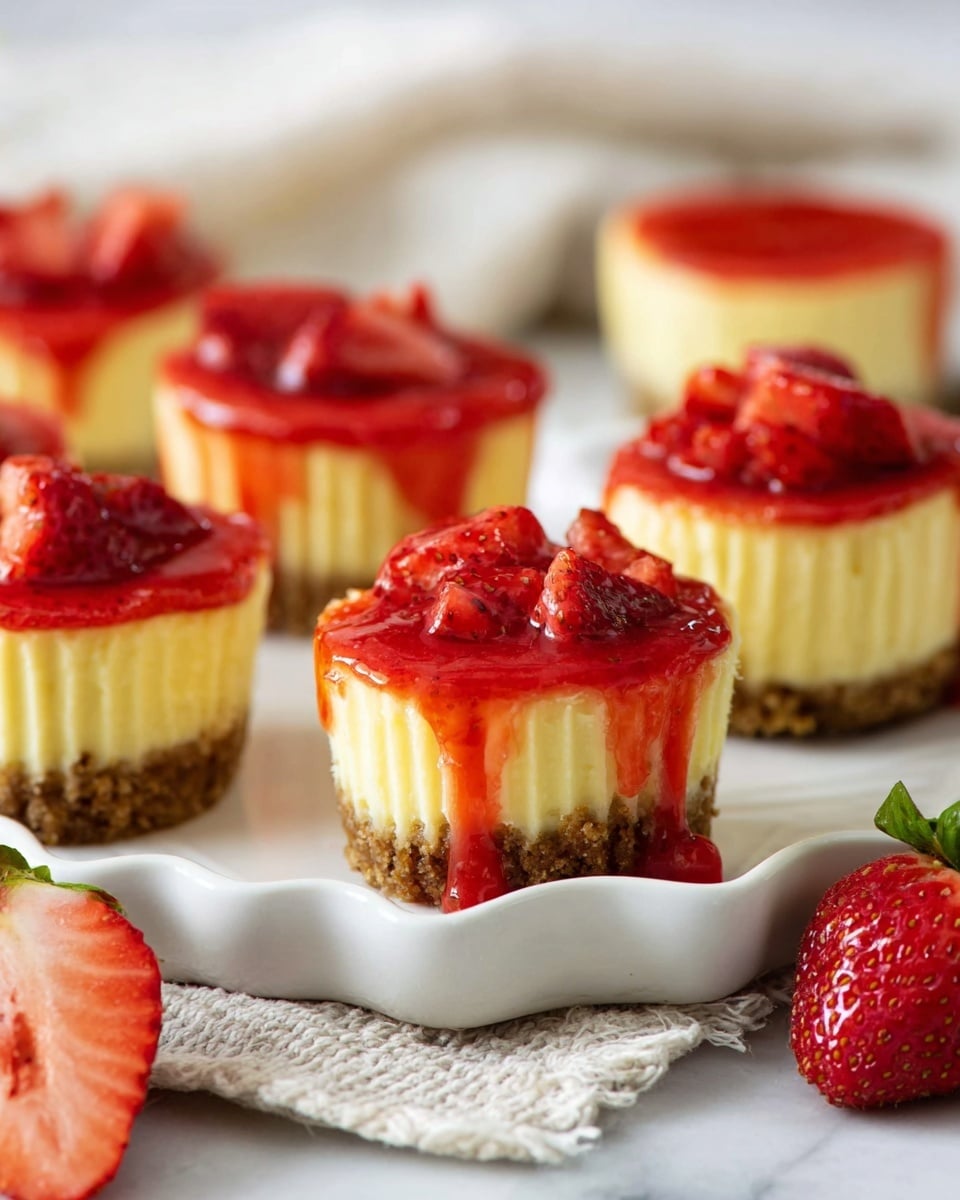 A close-up view of several mini cheesecakes arranged on a white plate with a wavy edge, each cheesecake featuring three layers: a crumbly brown crust at the bottom, a thick smooth pale yellow cheesecake center, and a glossy bright red strawberry topping with small pieces of strawberries unevenly spread on top, some of the topping dripping down the sides. The plate rests on a textured off-white cloth, and in the foreground on the left is a halved ripe strawberry, while a few whole strawberries are partially visible on the right side near the plate edge, all set against a soft white marbled background. Photo taken with an iphone --ar 4:5 --v 7