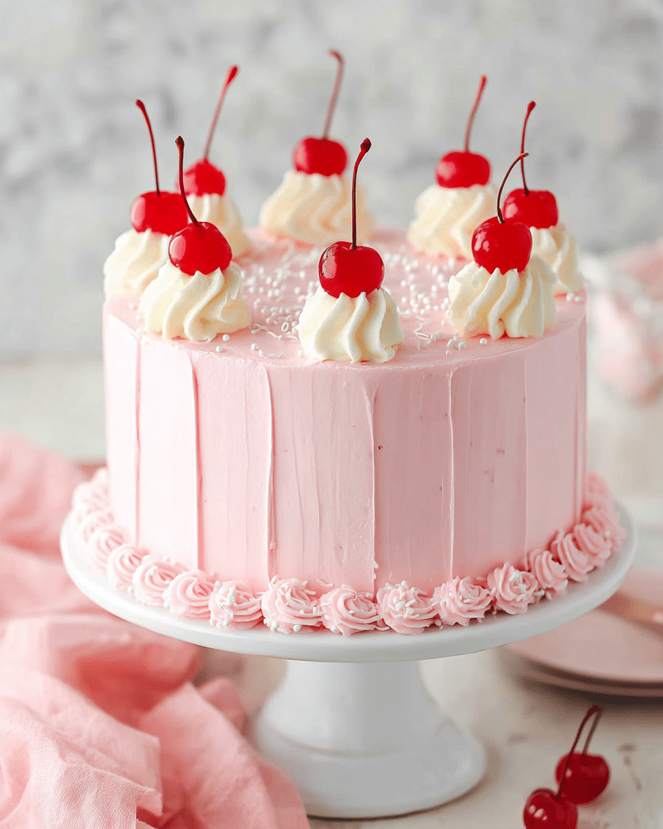 A round, two-layer cake covered smoothly in light pink frosting with gentle vertical lines on the side. Around the base, there is a ring of small, white piped frosting swirls. On top, eight evenly spaced dollops of white whipped cream each hold a bright red cherry with a long stem. Tiny white sprinkles are scattered across the pink frosting on the top surface. The cake sits on a white cake stand against a white marbled background with a soft pink cloth partially visible. Photo taken with an iphone --ar 4:5 --v 7