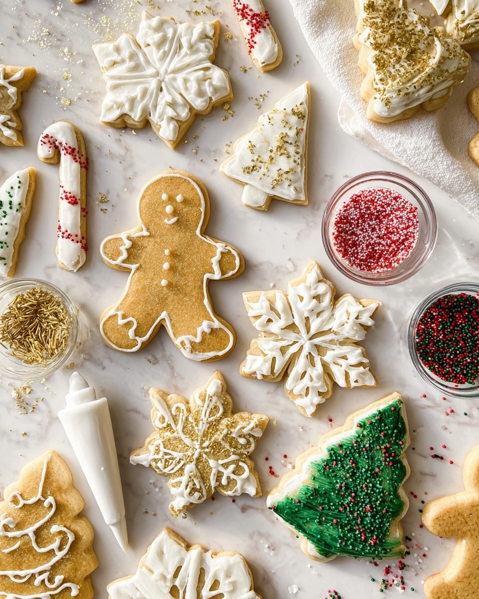 A variety of decorated Christmas-themed cookies are spread out on a white marbled surface. The cookies include snowflakes with white icing in intricate patterns, decorated with white or gold sprinkles; gingerbread men covered in smooth white icing with gold sprinkles; Christmas trees decorated with piped white icing to look like branches, some with green sprinkles, others with gold sprinkles; and candy canes decorated with white icing and either red sprinkles or piped stripes. Small clear bowls hold red, gold, green, and white sprinkles scattered around, alongside a white icing piping bag visible in the corner. Everything is arranged neatly with light shadows, giving a festive and bright look. Photo taken with an iphone --ar 4:5 --v 7