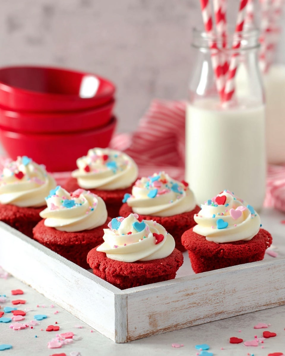 A group of six small red velvet cupcakes, each with a single layer of bright red, soft textured cake at the bottom, topped with a swirl of smooth white cream frosting in the center, sprinkled with small heart-shaped confetti in red, pink, and blue. The cupcakes are placed on a white wooden crate with visible wood grain, with some confetti scattered around. In the blurred background, there are two tall clear glass bottles filled with milk and striped red and white straws inside, along with stacked red bowls with white interiors. The entire scene is set against a white marbled texture surface. photo taken with an iphone --ar 4:5 --v 7