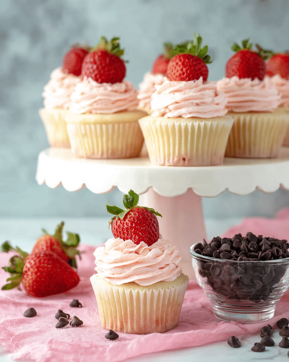 This image shows several vanilla cupcakes arranged on a white cake stand with a ruffled edge. Each cupcake has a pale pink, swirled frosting layer that looks smooth and creamy, topped with a bright red whole strawberry with green leaves. One cupcake sits in front on a soft pink cloth with a fresh strawberry beside it and a few small dark chocolate chips scattered around. To the right of the front cupcake is a clear glass bowl filled with small dark chocolate chips. The background has a soft blurry grayish-blue color and a white marbled texture surface below. photo taken with an iphone --ar 4:5 --v 7