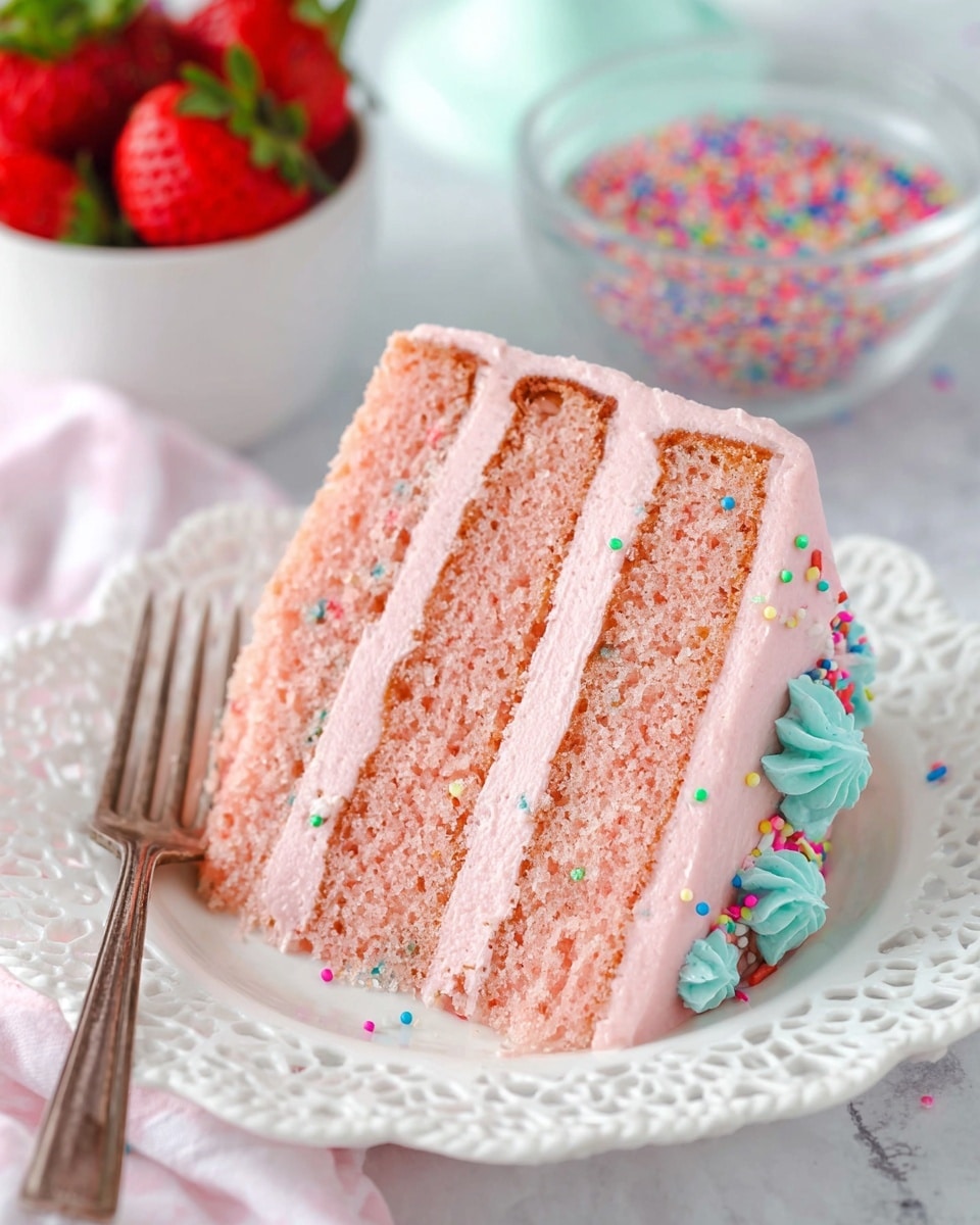 A slice of three-layer pink cake with light pink frosting between each layer and on the outside, decorated with small colorful sprinkles and tiny light blue frosting flowers on the side edges, sits on a white lace-patterned plate. The cake texture looks soft and spongy, and there is a silver fork placed beside it on the plate. In the background, a white bowl filled with whole red strawberries and a small clear bowl with colorful sprinkles rest on a white marbled surface. Photo taken with an iphone --ar 4:5 --v 7