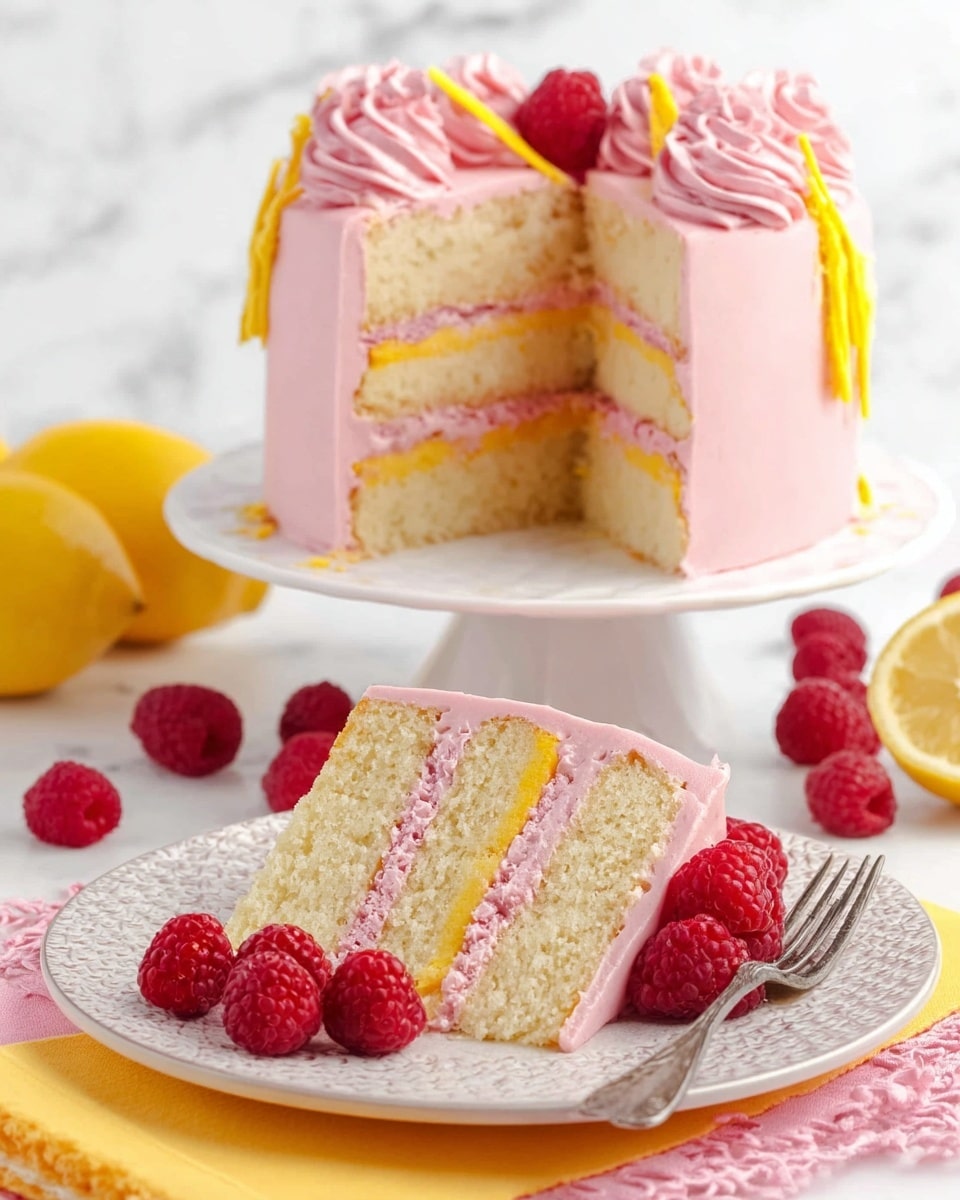 A slice of a three-layer cake sits on a white textured plate with fresh red raspberries on the side. The cake has three thick layers of light yellow sponge, separated by thin layers of bright yellow filling and covered with smooth pink frosting. The pink frosting also covers the outside of the cake. On top of the full cake, which stands on a white cake stand, are swirls of pink frosting decorated with fresh raspberries and small yellow strips. The setting includes scattered raspberries, a halved lemon, and a silver fork resting on the plate, all on a white marbled surface with a yellow and pink napkin underneath the plate. photo taken with an iphone --ar 4:5 --v 7