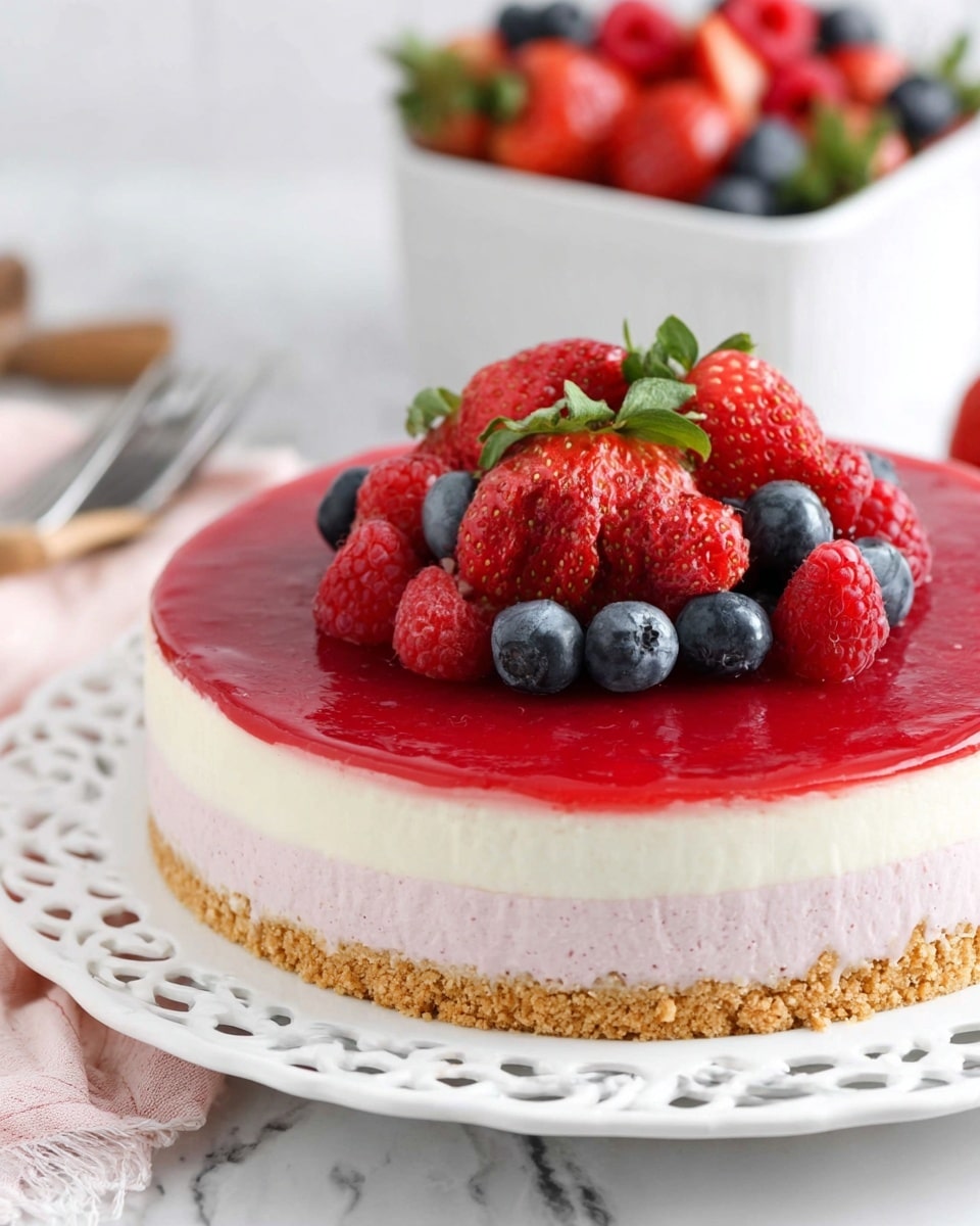 A slice of layered cheesecake on a white plate with a crumbly light brown crust at the bottom, followed by a thick light pink creamy middle layer, a thinner white creamy layer above that, and topped with a shiny deep red fruit glaze. On top of the slice there are fresh berries including a large red strawberry, bright red raspberries, and dark blue blueberries. More berries are scattered around the plate and in a white bowl to the side. A fork lies next to the cheesecake slice on the plate. The background is a white marbled texture with the rest of the cheesecake blurred behind. Photo taken with an iphone --ar 4:5 --v 7