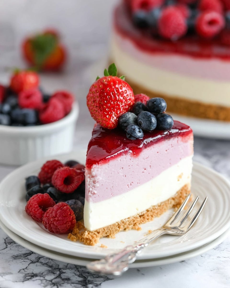 The image shows a three-layered cheesecake on a white decorative plate. The bottom layer is a crumbly, light brown crust, followed by a thick, pale pink middle layer, and a smooth creamy white top layer. On top of the cheesecake, there is a bright red glossy fruit glaze spread evenly. A mix of fresh berries sits on the glaze, including whole strawberries with green leaves, red raspberries, and round blueberries, arranged in a small mound at the center. In the background, there is a white bowl filled with more berries against a white marbled surface. Photo taken with an iphone --ar 4:5 --v 7
