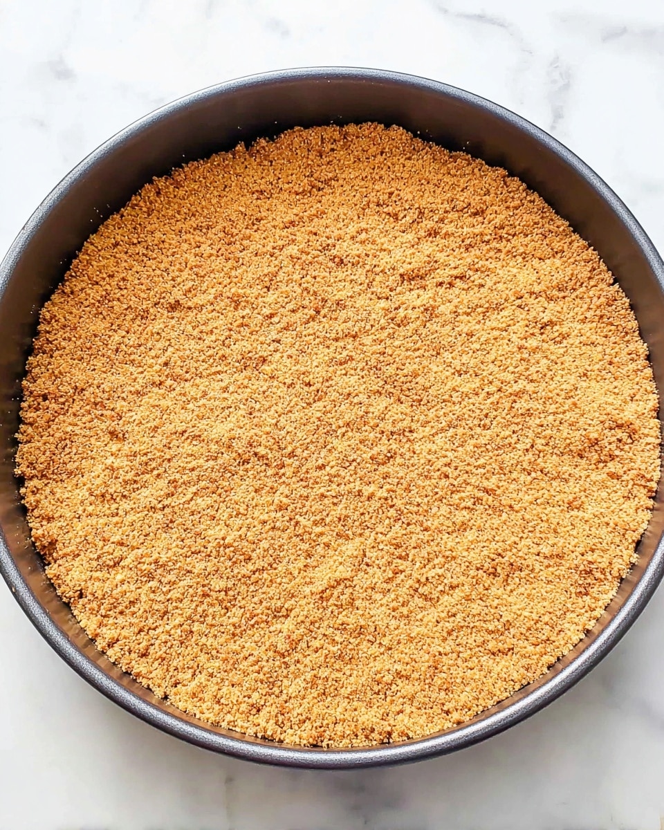 A close-up image of a single layer of smooth, finely ground, light brown graham cracker crumbs pressed evenly into a round, dark-gray non-stick baking pan. The crumb layer covers the entire base and slightly up the sides of the pan, showing a firm and compact texture with some small visible granules. The pan is placed on a surface with a white marbled texture. Photo taken with an iphone --ar 4:5 --v 7