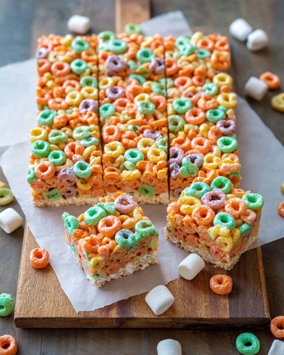 The image shows a square bar treat made of two layers: a bottom layer of light beige melted marshmallow mix and a thick top layer filled with colorful orange and green loop cereal pieces, all fitting closely together. The bar is cut into nine rectangular pieces and placed on white parchment paper on a wooden board with scattered loose pieces of the same colorful loop cereal and small white marshmallows around it. The cereal pieces have a slightly glossy texture from the marshmallow mixture. Photo taken with an iphone --ar 4:5 --v 7