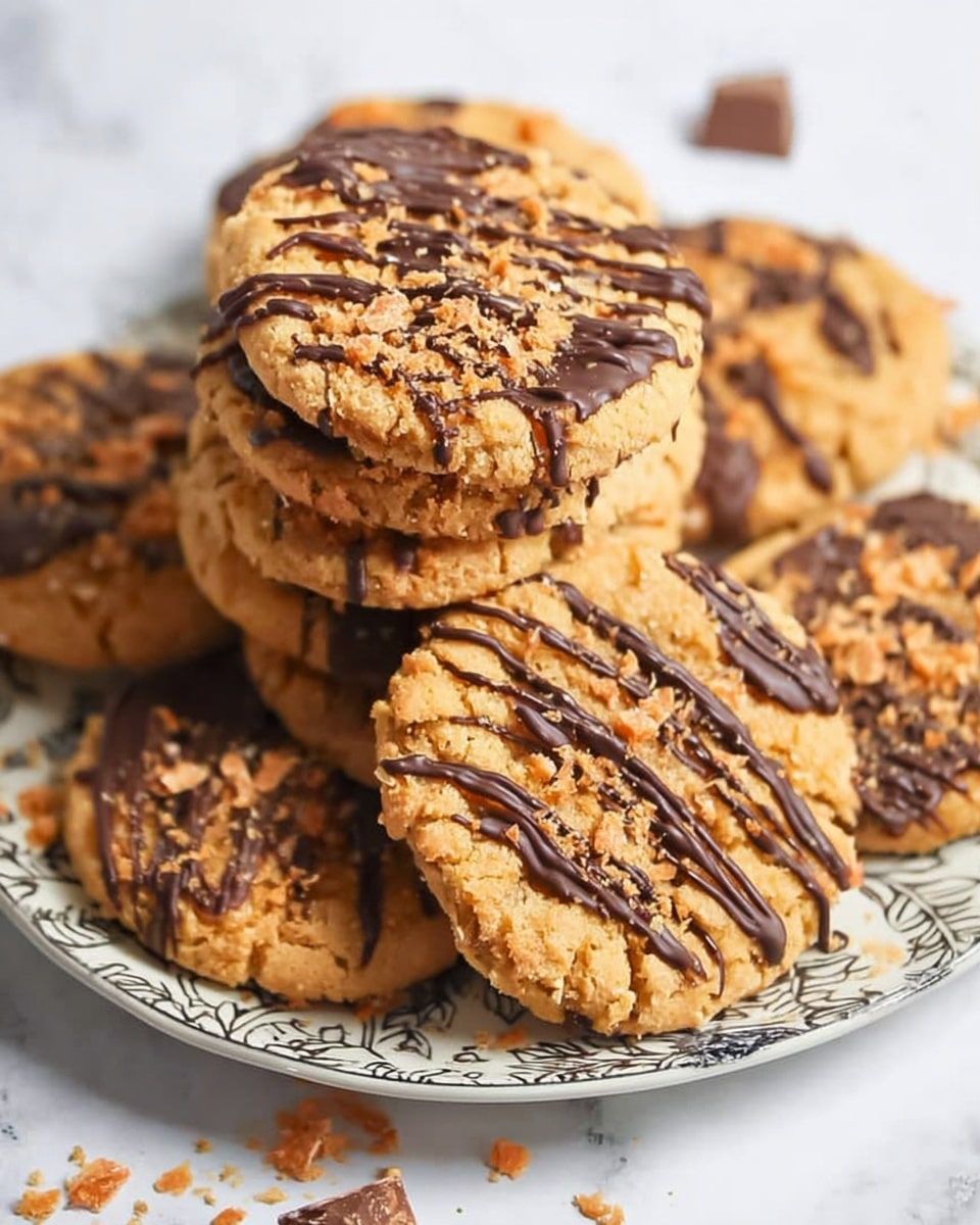 A stack of round, golden-brown cookies with textured surfaces sits on a white plate with intricate dark designs. Each cookie is topped with drizzle of dark chocolate in thin stripes and scattered pieces of crushed chocolate candy bits. The cookies are arranged closely together, creating a layered look, with some crumbs and small chunks of chocolate around them, all on a white marbled background. Photo taken with an iphone --ar 4:5 --v 7