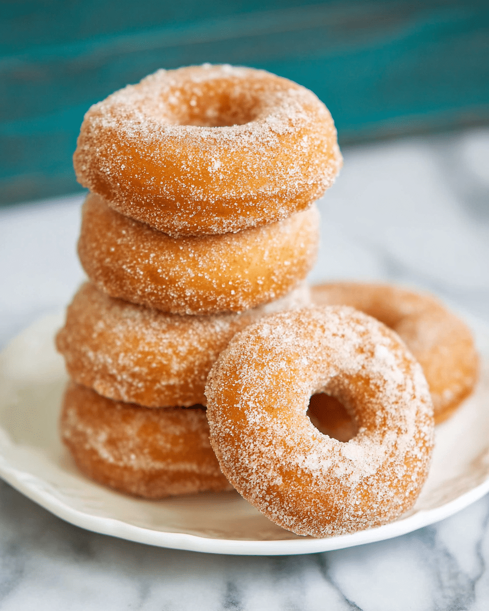 A stack of five round donuts coated with sugar sits on a white plate, with a sixth donut leaning against the stack in front. Each donut is golden brown with a rough sugar coating that gives a grainy texture. The plate rests on a white marbled surface, creating a clean background that highlights the warm color of the donuts. photo taken with an iphone --ar 4:5 --v 7