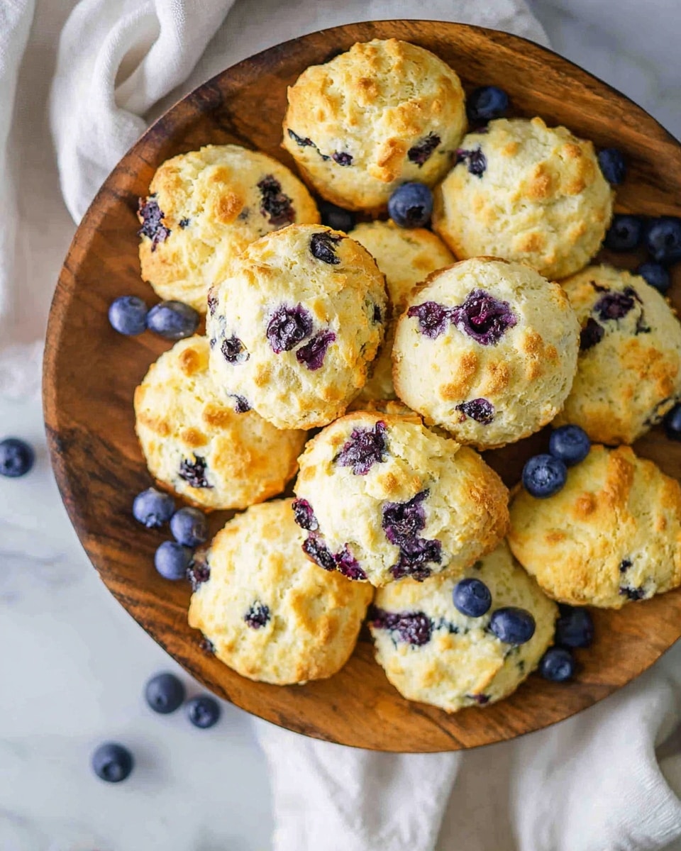 A round wooden tray filled with about eleven golden-baked blueberry scones, each scone having a rough, crumbly texture with dark purple blueberries visible both on top and embedded inside. Scattered fresh blueberries rest lightly on the tray around the scones, adding more dark purple spots among the pale yellow scones. The tray sits on a white marbled surface with a soft white cloth draped nearby. photo taken with an iphone --ar 4:5 --v 7
