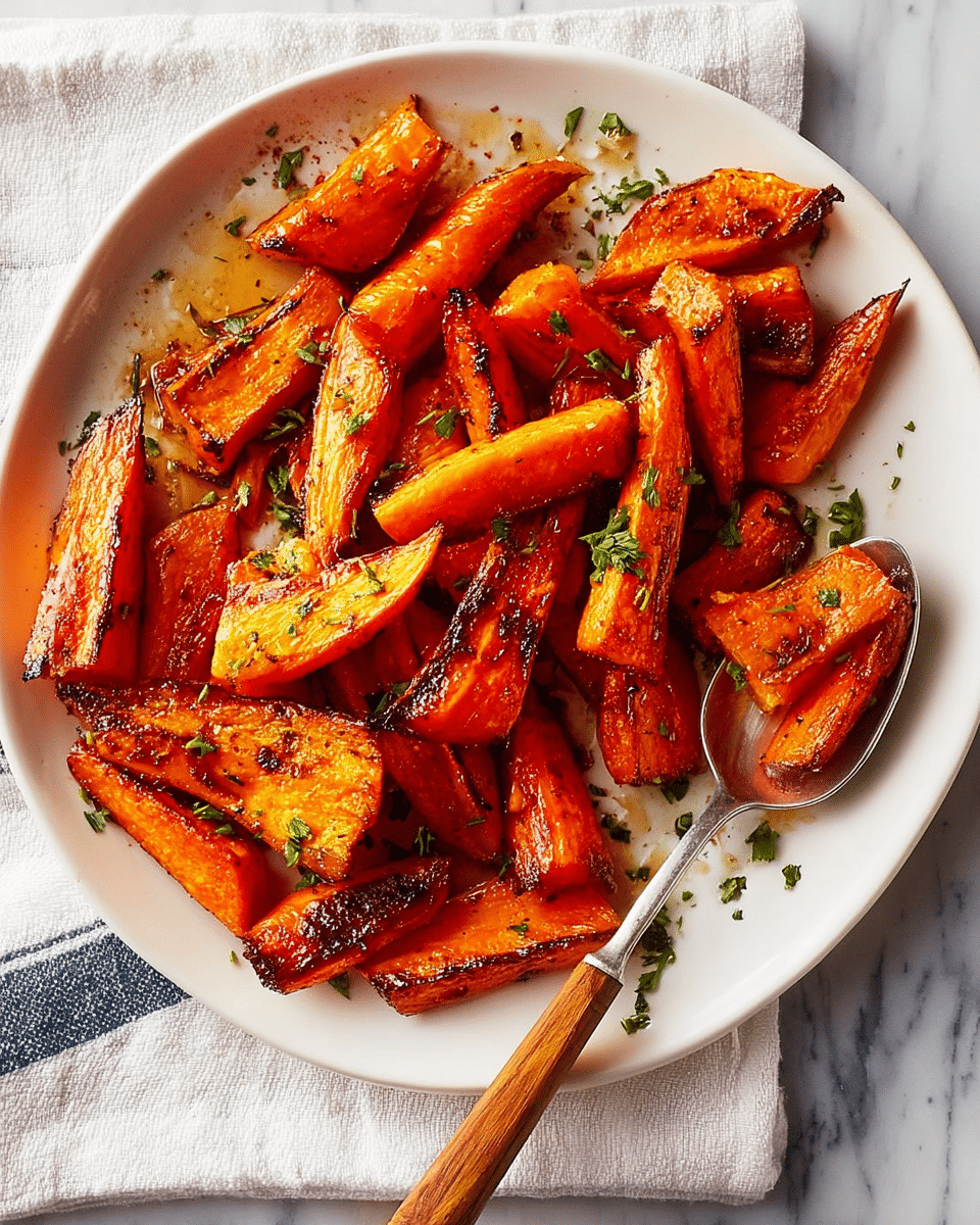 The image shows a white plate filled with roasted carrot pieces cut into uneven sticks and wedges, each with a caramelized, golden-orange color and slightly charred edges. The carrots are scattered across the plate with small green herb pieces sprinkled on top. A silver spoon with a wooden handle holds some carrot pieces on the right side of the plate. The plate rests on a white marbled surface with a white cloth featuring thin blue stripes partially visible underneath. The overall look is warm and rustic with a mix of bright orange and green colors. photo taken with an iphone --ar 4:5 --v 7