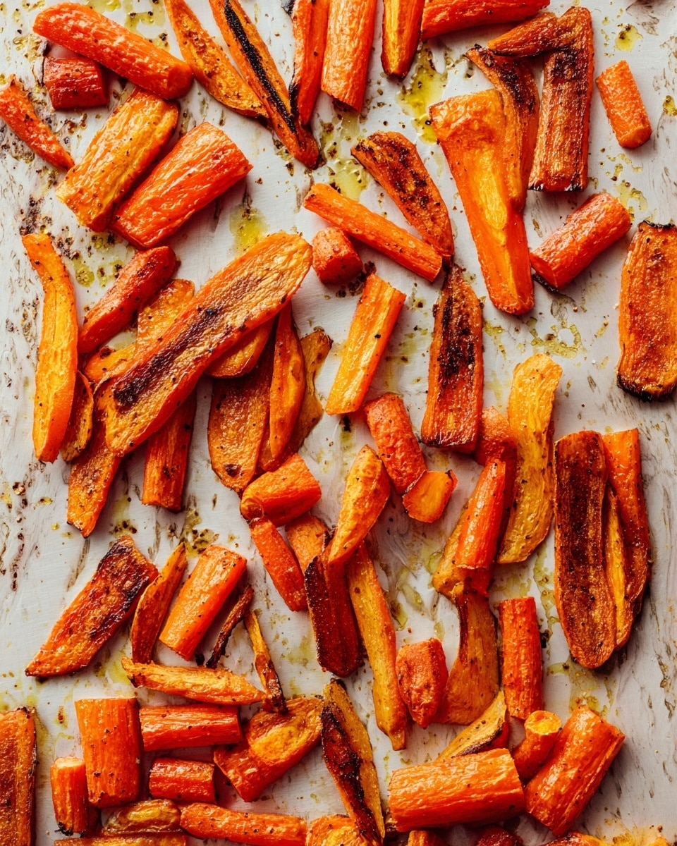 The image shows a single layer of roasted carrot pieces scattered on a white marbled textured baking sheet. The carrots are cut into various shapes and sizes, mostly long strips and chunks. They have a bright orange color with some parts browned and charred, giving a slightly crispy texture. There are small patches of oil and grill marks on the sheet, adding a shiny and textured look around the carrot pieces. photo taken with an iphone --ar 4:5 --v 7