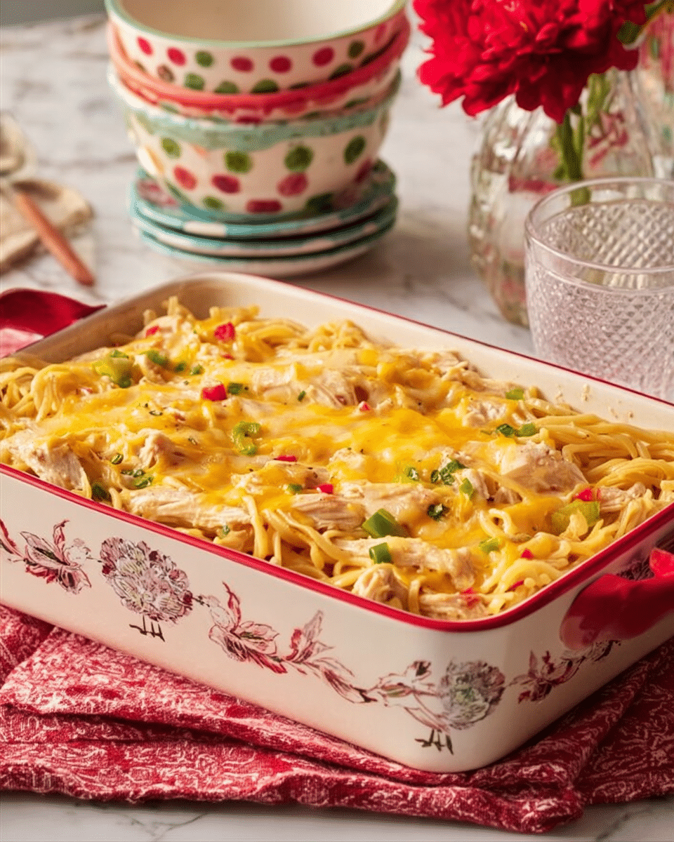 A baked noodle casserole sits in a rectangular white dish with red handles and white floral and bird patterns on the sides. The casserole shows one layer of yellow melted cheese covering mixed noodles, shredded chicken, small pieces of green vegetables, and red bits, with a slightly browned top. The dish rests on a folded red-patterned cloth on a white marbled surface. In the background, there are stacked bowls with floral and dotted patterns and a red flower in a glass vase, along with a clear glass with a textured design. photo taken with an iphone --ar 4:5 --v 7
