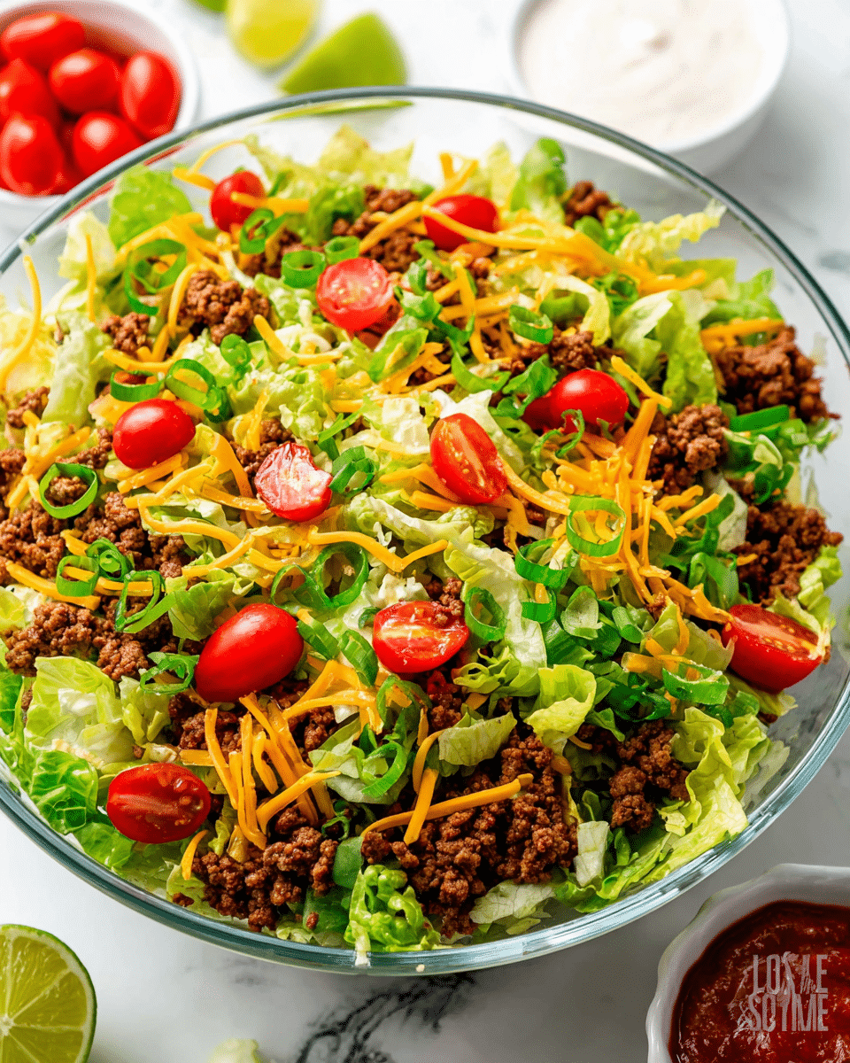 A clear bowl filled with a layered taco salad showing a base layer of green lettuce leaves with rough texture, topped with cooked brown crumbled ground beef scattered evenly across, bright red cherry tomato halves placed throughout, fine shredded cheddar cheese adding a pop of orange color, and thinly sliced green onions sprinkled on the top. The bowl sits on a white marbled surface with lime wedges and small bowls of red salsa and white sauce nearby. photo taken with an iphone --ar 4:5 --v 7