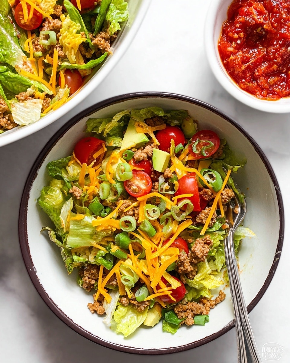 A white bowl with a dark rim holds a layered salad featuring bright green lettuce pieces mixed with vibrant red cherry tomatoes and small chunks of light yellow avocado. Brown cooked ground meat is spread evenly throughout the bowl, topped with a generous amount of shredded orange cheddar cheese and slices of fresh green onions. A silver fork rests inside the bowl on the right side, slightly buried in the salad. The bowl sits on a white marbled surface, next to another white bowl filled with more salad and a small white bowl containing chunky red salsa. Photo taken with an iphone --ar 4:5 --v 7