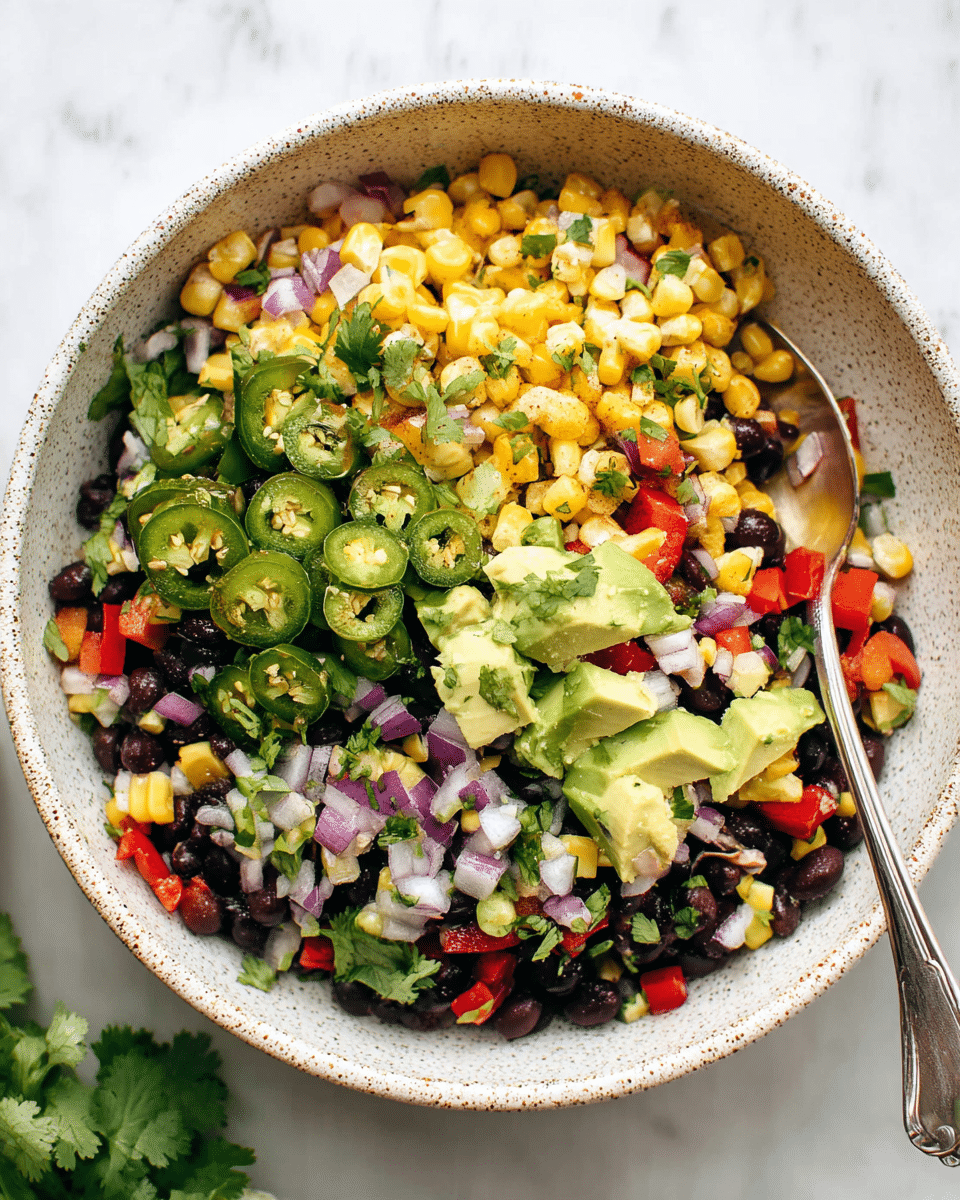 A white plate with a speckled brown rim holds a colorful layered salad. The base layer includes bright yellow corn kernels mixed with black beans, diced red bell peppers, and finely chopped red onions. Thin slices of green jalapeño peppers are scattered on top, adding a spicy touch. On the edges of the plate, there are three crescent-shaped green avocado slices for creaminess. Fresh cilantro leaves are placed as garnish on different parts of the salad. Two silver spoons rest on the right side of the plate. The background features a white marbled texture with a blue cloth napkin partially visible in the upper right corner. Photo taken with an iphone --ar 4:5 --v 7