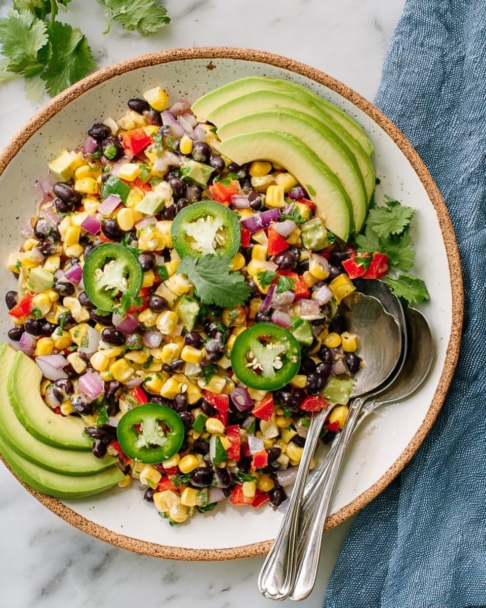 A speckled white bowl filled with colorful salad sits on a white marbled surface. The salad has four main layers: the bottom layer is made of black beans and diced red bell peppers, creating a dark and red base; the next layer shows plenty of yellow corn kernels scattered evenly; above that, chopped green jalapeño slices and small pieces of purple onion are mixed; lastly, fresh green cilantro leaves and pale green avocado slices sit on top, adding freshness. A silver spoon rests on the right side inside the bowl. Photo taken with an iphone --ar 4:5 --v 7