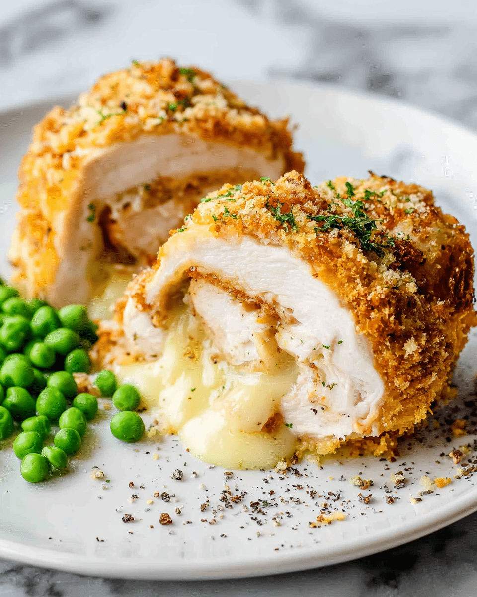 The image shows two pieces of golden-brown, breaded rolled chicken with creamy melted cheese oozing out from the inner layers. The chicken rolls have a crunchy, textured crumb coating on the outside and a soft, light-colored inside with visible layers of cheese and chicken. They sit on a white plate with some black pepper sprinkled on top and around them. Bright green peas are placed next to the chicken rolls on the plate, all set against a white marbled surface. Photo taken with an iphone --ar 4:5 --v 7
