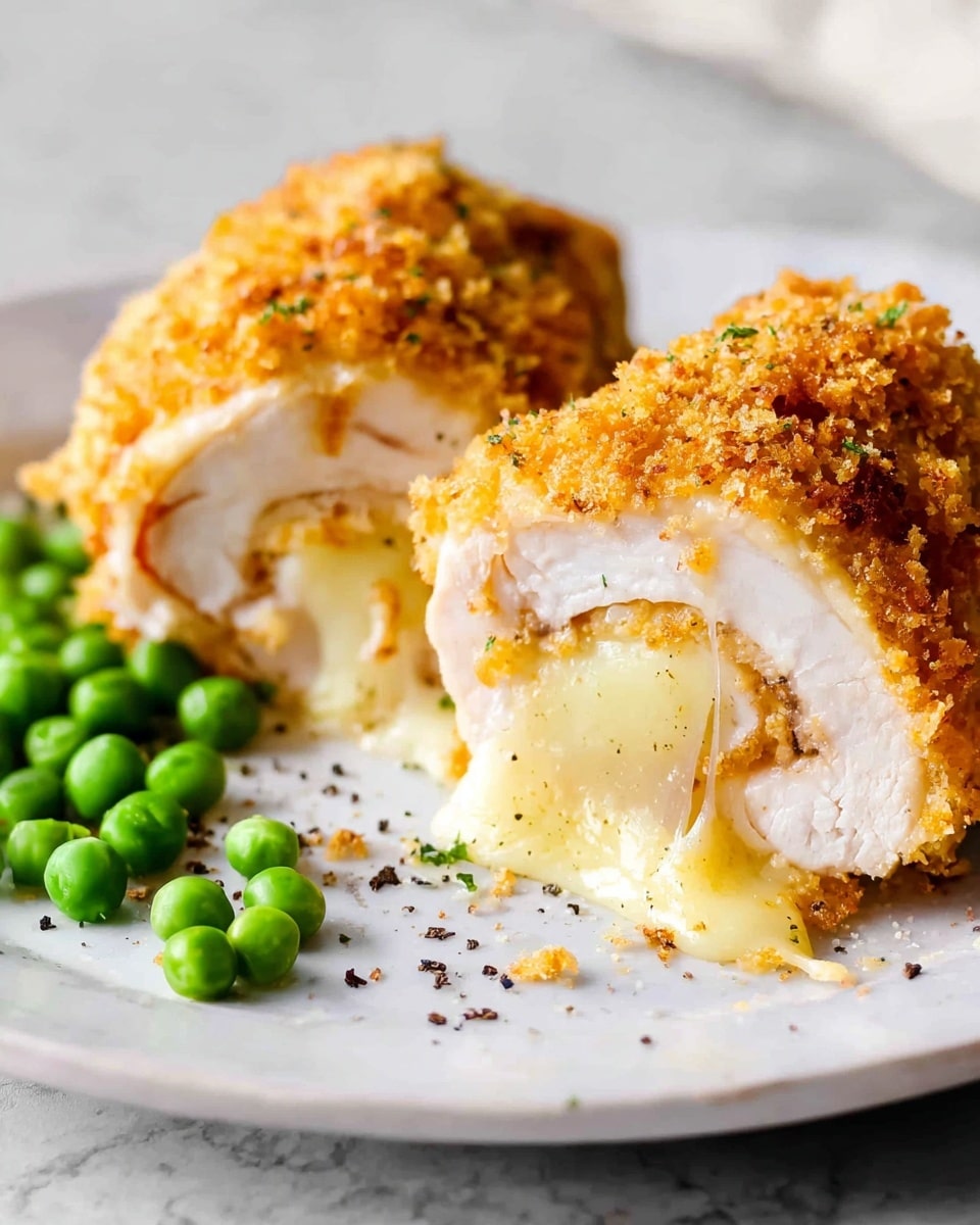 Two pieces of rolled chicken breast are placed on a white plate with a white marbled texture. Each roll has about three layers: the outer layer is a golden, crispy crumb coating with a crunchy texture, the middle layer is creamy and light yellow cheese, and the inner layer is tender, pale chicken meat. The rolls show some melted cheese oozing out with a glossy, stretchy texture. Small black pepper flakes are sprinkled on top and around the rolls. On the side, a small pile of bright green peas adds color contrast on the plate. Photo taken with an iphone --ar 4:5 --v 7