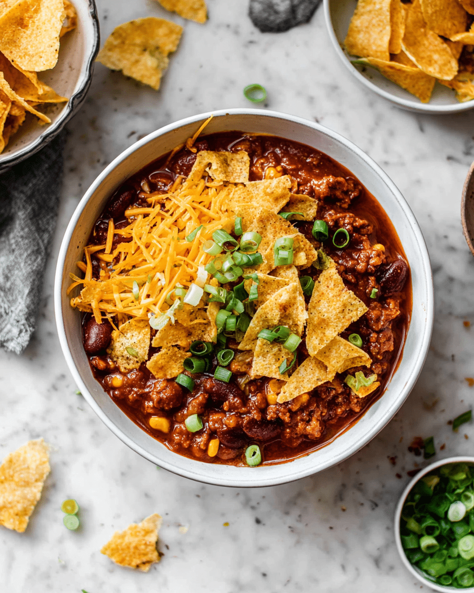 A white bowl filled with three main layers of food on a white marbled surface; the bottom layer is a dark red chili stew with visible chunks of meat, beans, and corn, the middle layer is grated orange-yellow cheddar cheese spread evenly over the chili, and the top layer has scattered light brown crispy corn chips and chopped green onions. Around the bowl, there are some loose pieces of corn chips and sliced green onions scattered on the surface, with a bowl of more corn chips and a bowl of chopped green onions nearby. Photo taken with an iphone --ar 4:5 --v 7