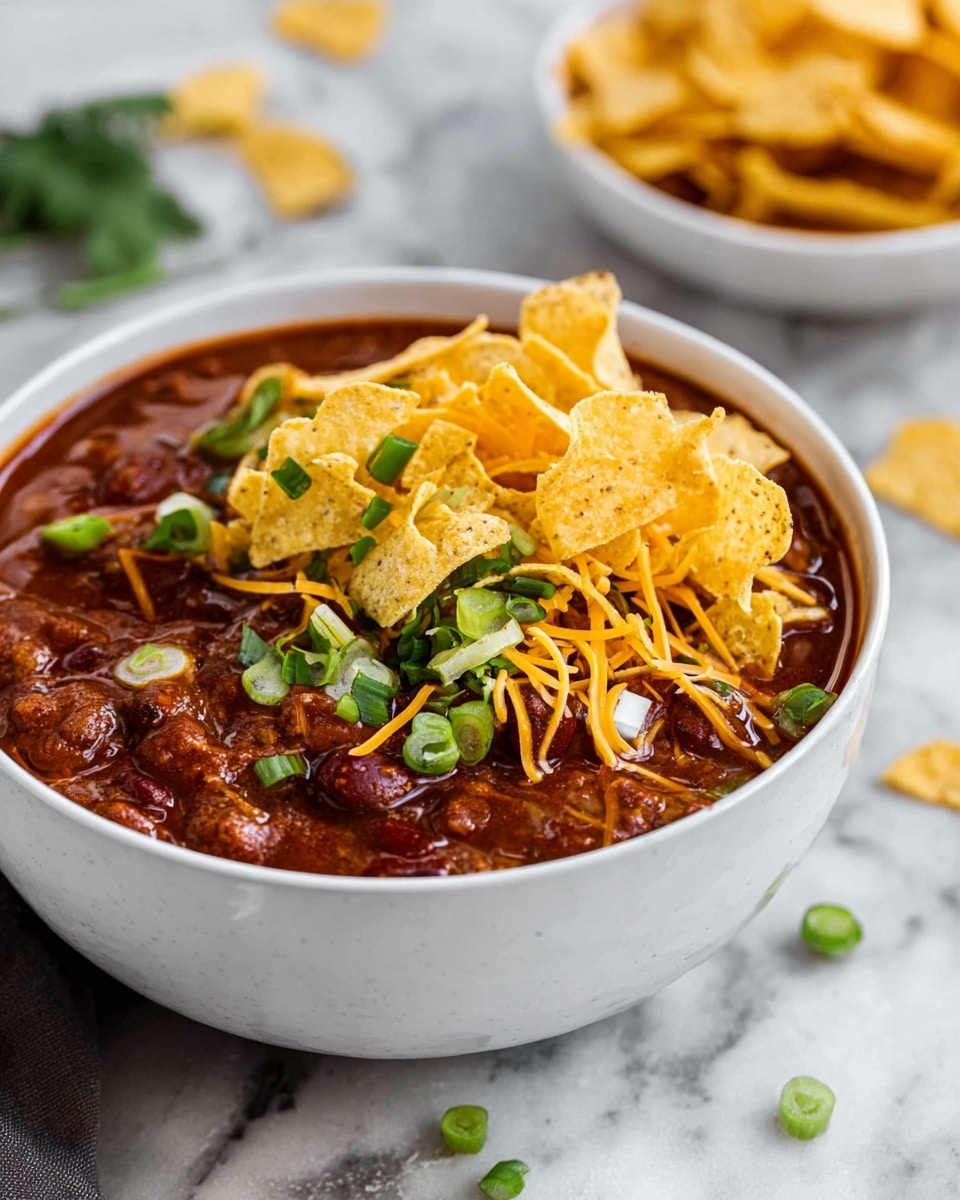 A white bowl filled with a thick, dark reddish-brown chili base containing visible chunks of beans and meat, topped with a layer of shredded orange cheddar cheese melting into the chili. On top of the cheese, there is a mound of light golden, crispy corn chips, scattered with bright green chopped spring onions and small pieces of cilantro. The bowl is placed on a white marbled surface with some spring onion slices and cilantro scattered nearby, and a blurred white bowl of more corn chips is in the background. photo taken with an iphone --ar 4:5 --v 7