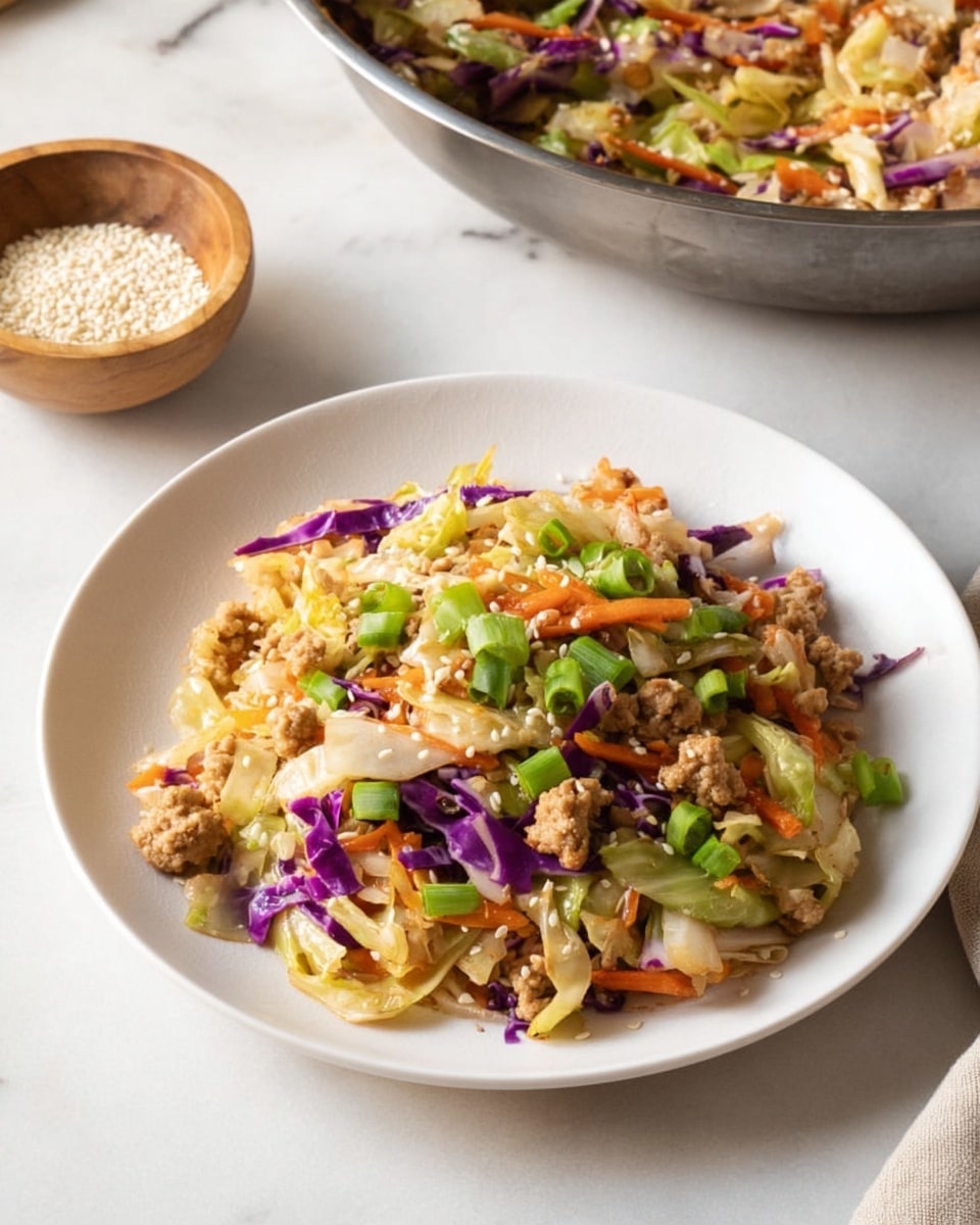 A white round plate holds a mixed dish with several layers and colors: the base includes light green and purple cabbage pieces, thin orange carrot strips, and pieces of light tan ground meat scattered throughout. Bright green chopped scallions are sprinkled on top along with small white sesame seeds, adding texture. The dish appears lightly sauced, giving a slight glossy look to the vegetables. In the background, there is a large metal bowl containing more of the same dish, and a small wooden bowl filled with white sesame seeds sits nearby on a white marbled surface. photo taken with an iphone --ar 4:5 --v 7
