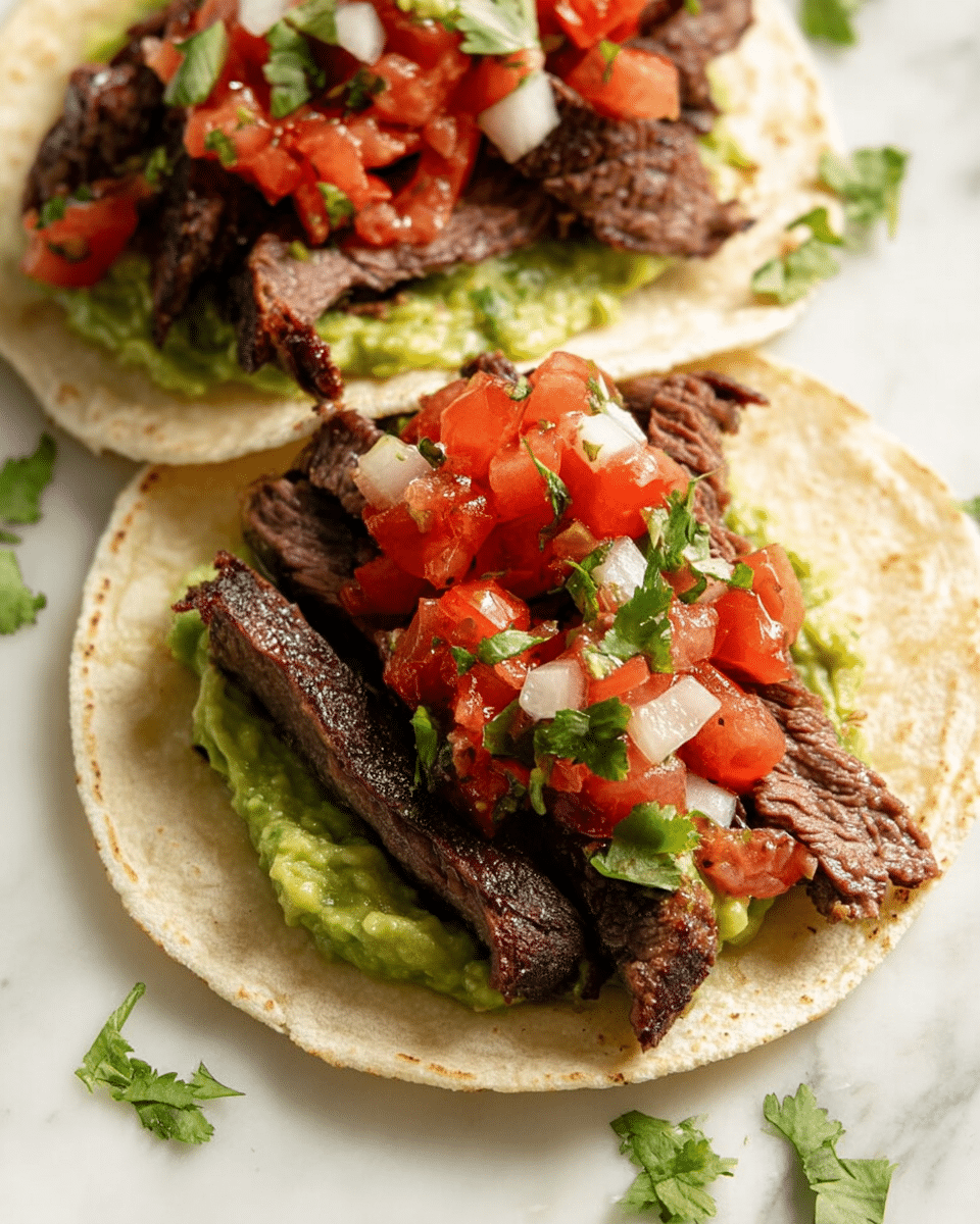 The image shows two small white tortillas each topped with a layer of green guacamole spread thinly, followed by several strips of grilled dark brown steak. On top of the steak, there is a fresh mix of diced red tomatoes and white onions with tiny bits of green cilantro. Small cilantro leaves are scattered around the plate on a white marbled surface. The textures show the softness of the tortillas, the smoothness of the guacamole, the slightly rough grill marks on the steak, and the juiciness of the tomato and onion mix. photo taken with an iphone --ar 4:5 --v 7