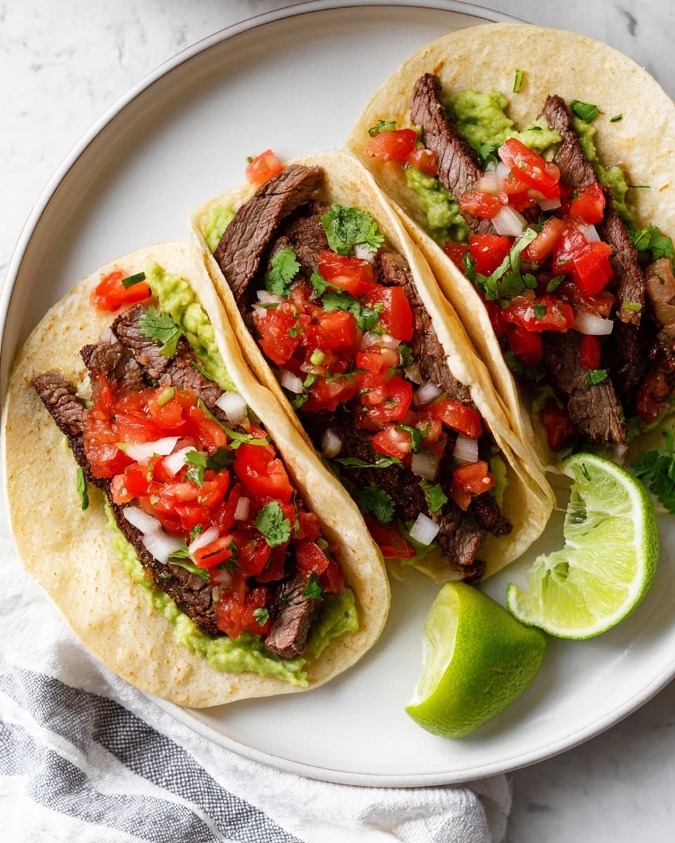 The image shows three soft tacos placed side by side on a large white plate with a white marbled texture background. Each taco has one layer of a light beige tortilla, spread with a smooth, green guacamole base. On top of the guacamole, there are strips of grilled steak that are dark brown with a slightly charred texture. The steak is topped with a fresh salsa made of bright red diced tomatoes, white diced onions, and small green herbs, scattered evenly across the tacos. Small green cilantro leaves are tucked among the ingredients, adding some color contrast. To the side of the tacos are two lime wedges with bright green skin and pale green flesh. A white cloth with gray stripes is partially visible at the bottom left corner. Photo taken with an iphone --ar 4:5 --v 7