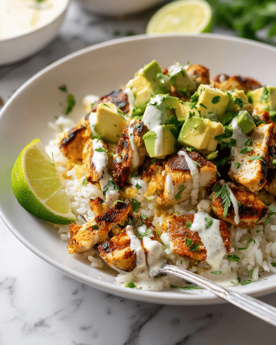 A white plate holds a layered dish starting with a base of white rice spread evenly. On top of the rice, there are grilled chicken strips with a light char, covered by a creamy orange sauce with visible corn bits. Scattered over the sauce are bright green chunks of avocado and small sprinkles of chopped green herbs. Two lime wedges sit on the side of the rice, adding a fresh touch. The dish is finished with a drizzle of white sour cream over the top, giving a smooth texture contrast. In the background, part of a white bowl with more orange creamy sauce and a white plate with grilled chicken are visible, all set on a white marbled surface. photo taken with an iphone --ar 4:5 --v 7