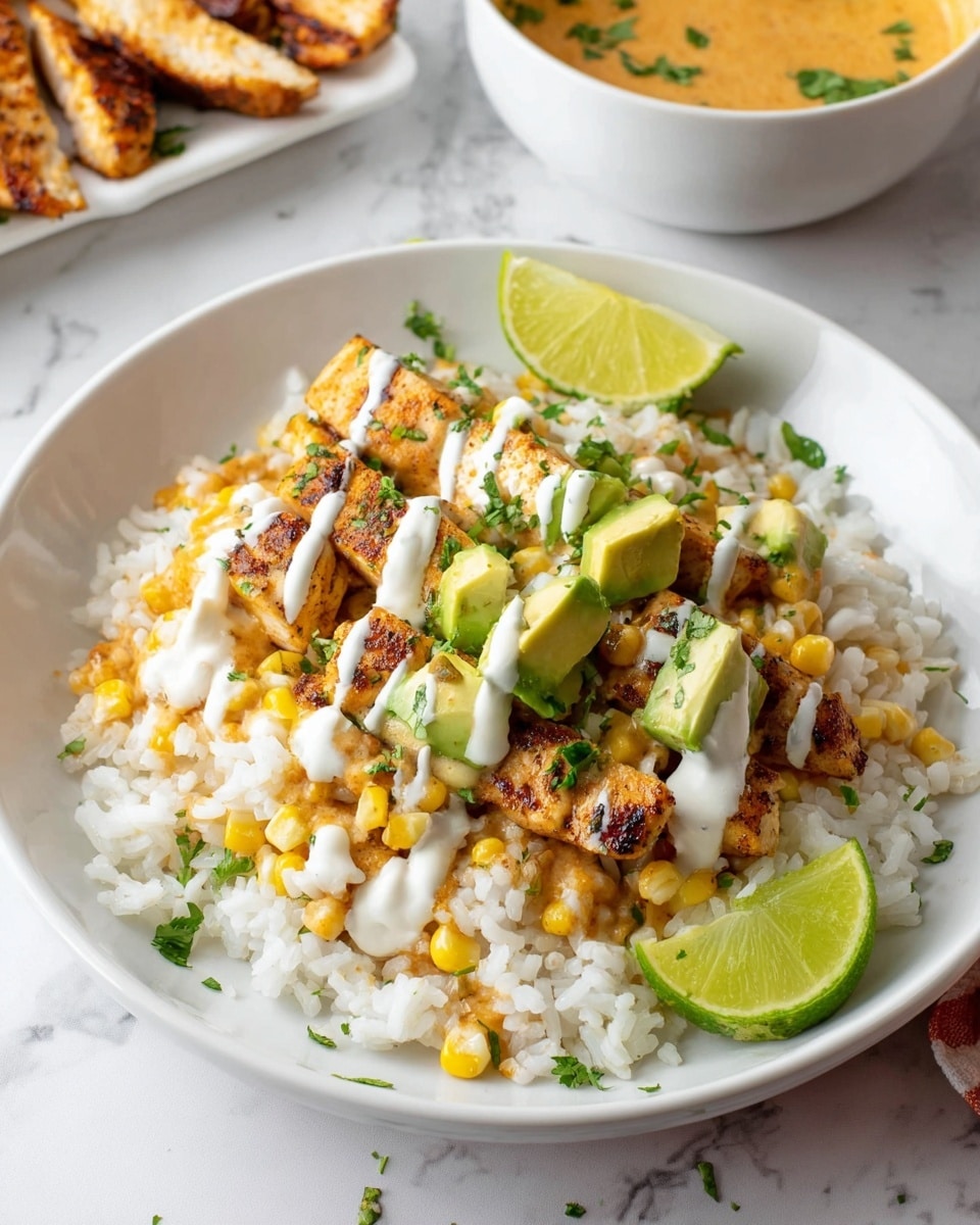 A white plate filled with a bed of white rice at the bottom, topped with grilled chicken pieces that have a golden-brown and slightly charred texture, drizzled with a creamy white sauce. On top of the chicken, there are chunks of fresh green avocado and finely chopped herbs adding pops of green color. A lime wedge is placed on the side for garnish. The plate is set on a white marbled surface, with a fork partially inserted into the food on the right side. Photo taken with an iphone --ar 4:5 --v 7