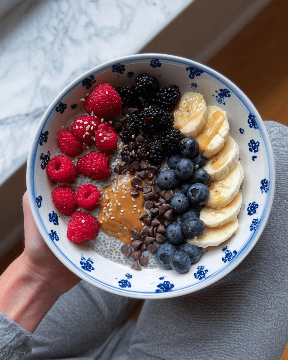 A clear glass bowl held by a woman's hand contains a layered chia pudding dessert. The bottom layer is creamy white chia pudding visible through the sides and topped with a shiny drizzle of honey. On top, there is a thick dollop of smooth, light brown peanut butter placed on one side. The surface is decorated with a mix of fresh blueberries and bright red raspberries scattered across, along with small dark chocolate chips for texture. A silver spoon rests inside the bowl, positioned from the top right corner. The photo is set against a white marbled texture. photo taken with an iphone --ar 4:5 --v 7