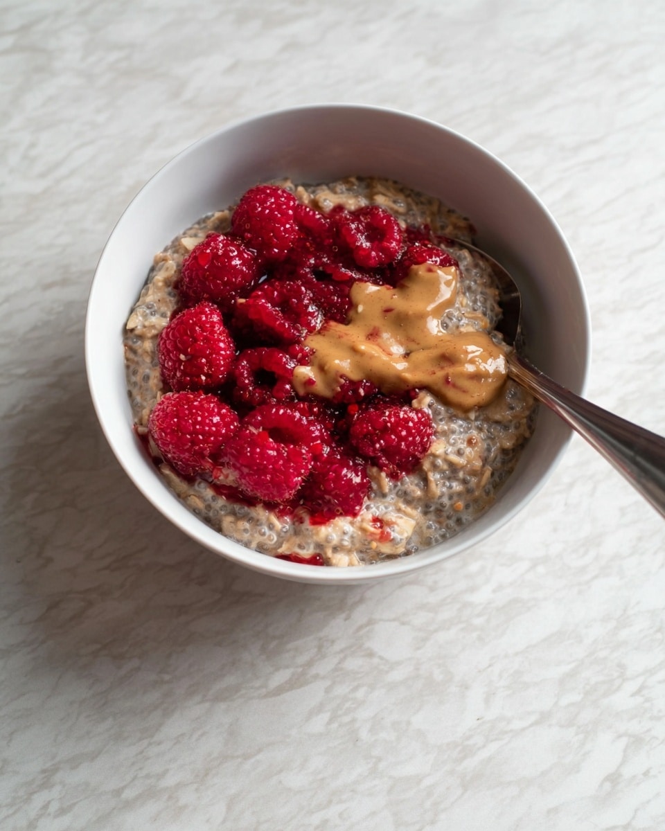 A white bowl filled with a thick layer of oatmeal that has a mix of light brown and beige colors with visible chia seeds. On top, there is a layer of fresh bright red raspberries placed both whole and slightly crushed, creating a wet, juicy texture. A smooth, light brown almond or peanut butter dollop spreads partially across the center of the berries. A small silver spoon rests inside the bowl on the right edge. The bowl is set on a surface with a white marbled texture. Photo taken with an iphone --ar 4:5 --v 7