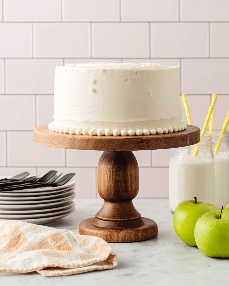 A piece of two-layer light brown cake with a visible moist texture sits centered on a white plate. Each cake layer is separated by a thin layer of creamy white frosting, which also covers the top and sides of the cake slice smoothly. There is a small swirl of frosting on the top left edge. The plate is placed on a white marbled surface, and in the blurred background, there is a glass bottle filled with milk and a wooden pepper grinder along with stacked white plates. photo taken with an iphone --ar 4:5 --v 7