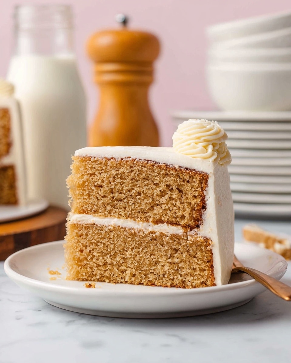 A tall, smooth white cake with two layers covered in creamy white frosting sits on a medium brown wooden cake stand with a round base and thick pedestal. The cake's top and bottom edges are decorated with small round frosting dots. To the left are five stacked white plates with black forks on top, and in front of them is a light beige and white tea towel. To the right, there are two green apples and clear glass milk bottles with yellow straws. The background has white subway tiles, and the surface is a white marbled texture. photo taken with an iphone --ar 4:5 --v 7
