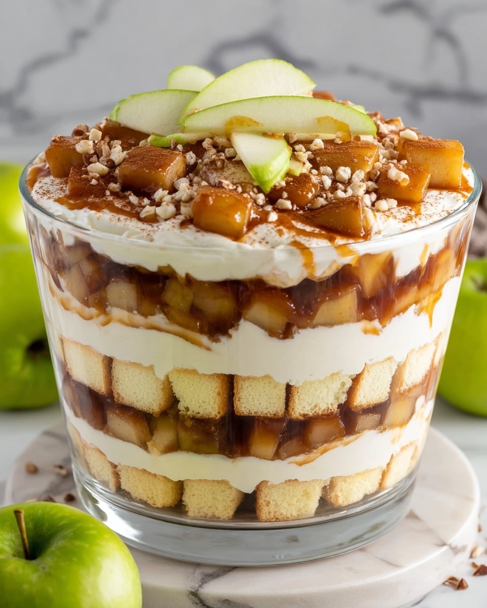 The image shows a clear glass dish with six distinct layers. The bottom layer is light yellow cake cubes. Above that is a thick layer of creamy white pudding or whipped cream. Next is a dark brown layer with cinnamon-coated apple chunks. Above this is another layer of light yellow cake cubes. Then there is another thick creamy white layer. The top layer is made of caramel-coated apple chunks with a glossy brown sauce. The dessert is garnished with chopped nuts and thin slices of green apple on top. The dish is set against a white marbled surface with green apples nearby. Photo taken with an iphone --ar 4:5 --v 7